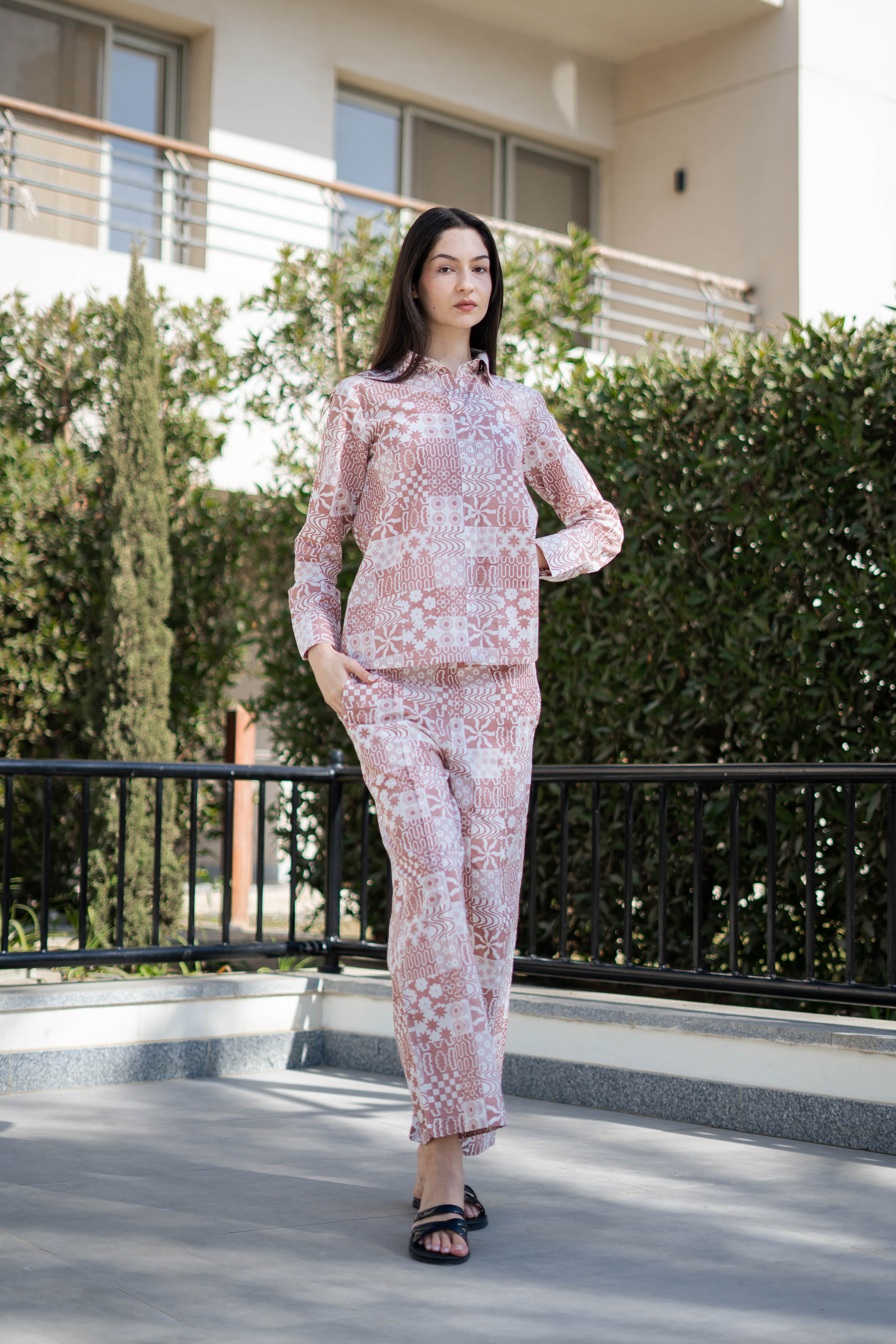 Camel Brown Pure Cotton Printed Shirt Collar Night Suit For Women