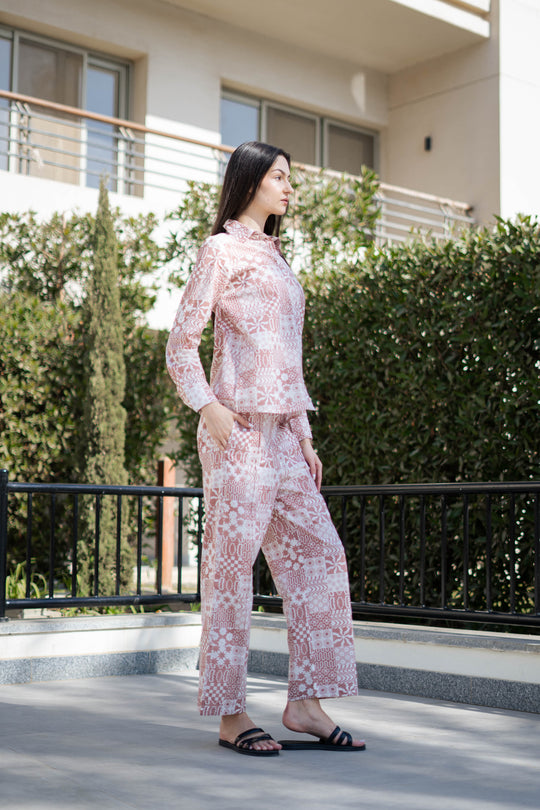 Camel Brown Pure Cotton Printed Shirt Collar night suit for women