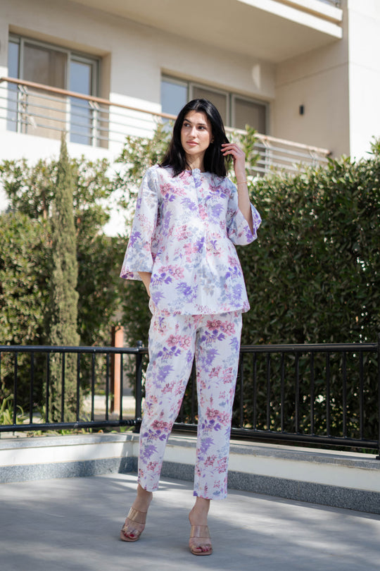 White Floral Printed Round Neck Night Suit Set