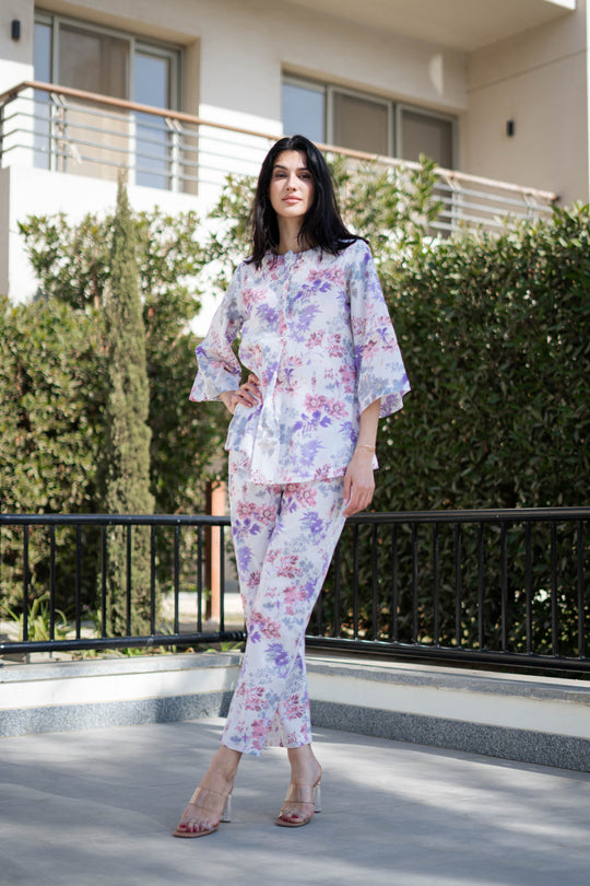 White Floral Printed Round Neck Night Suit Set