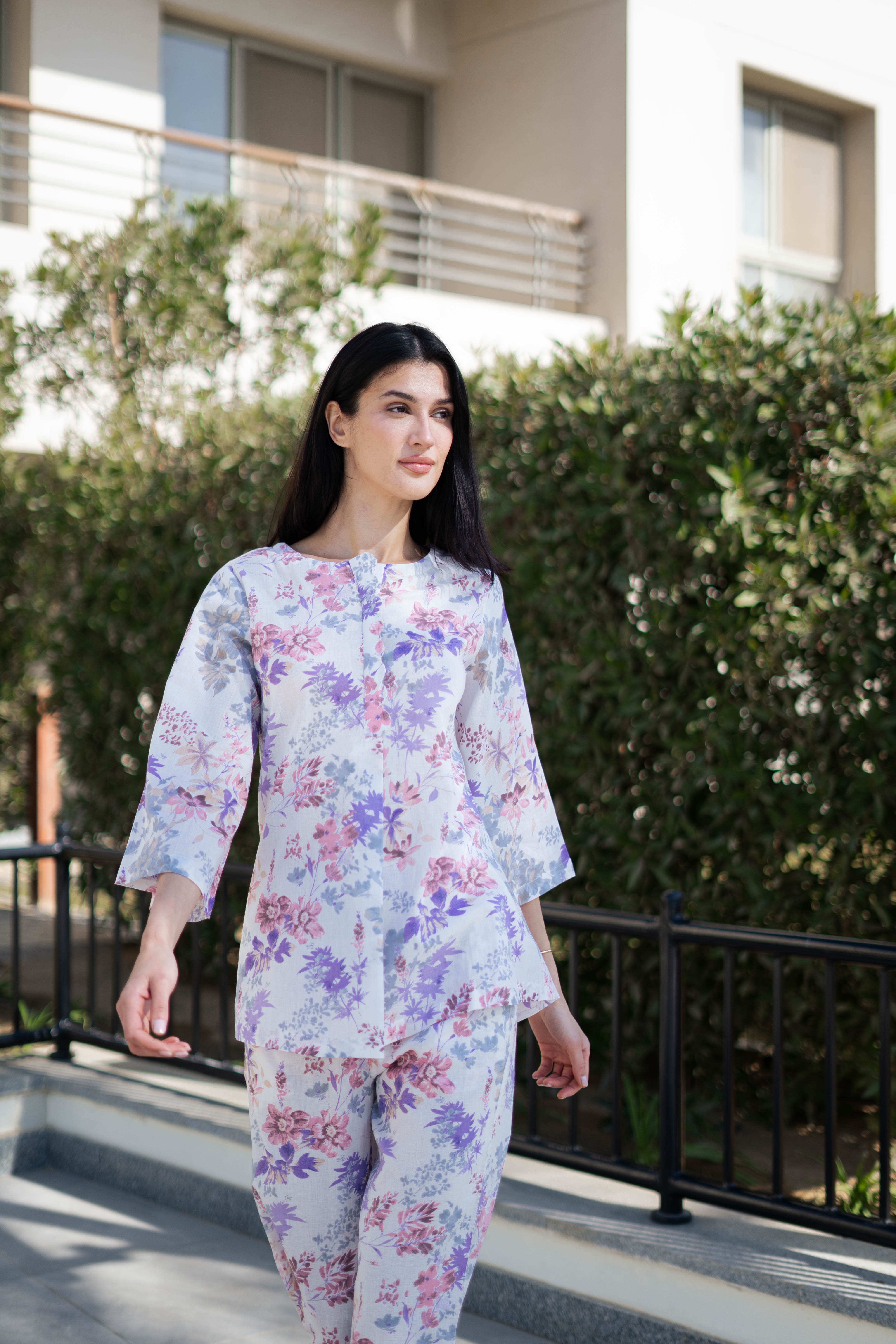 White Floral Printed Round Neck Night Suit Set