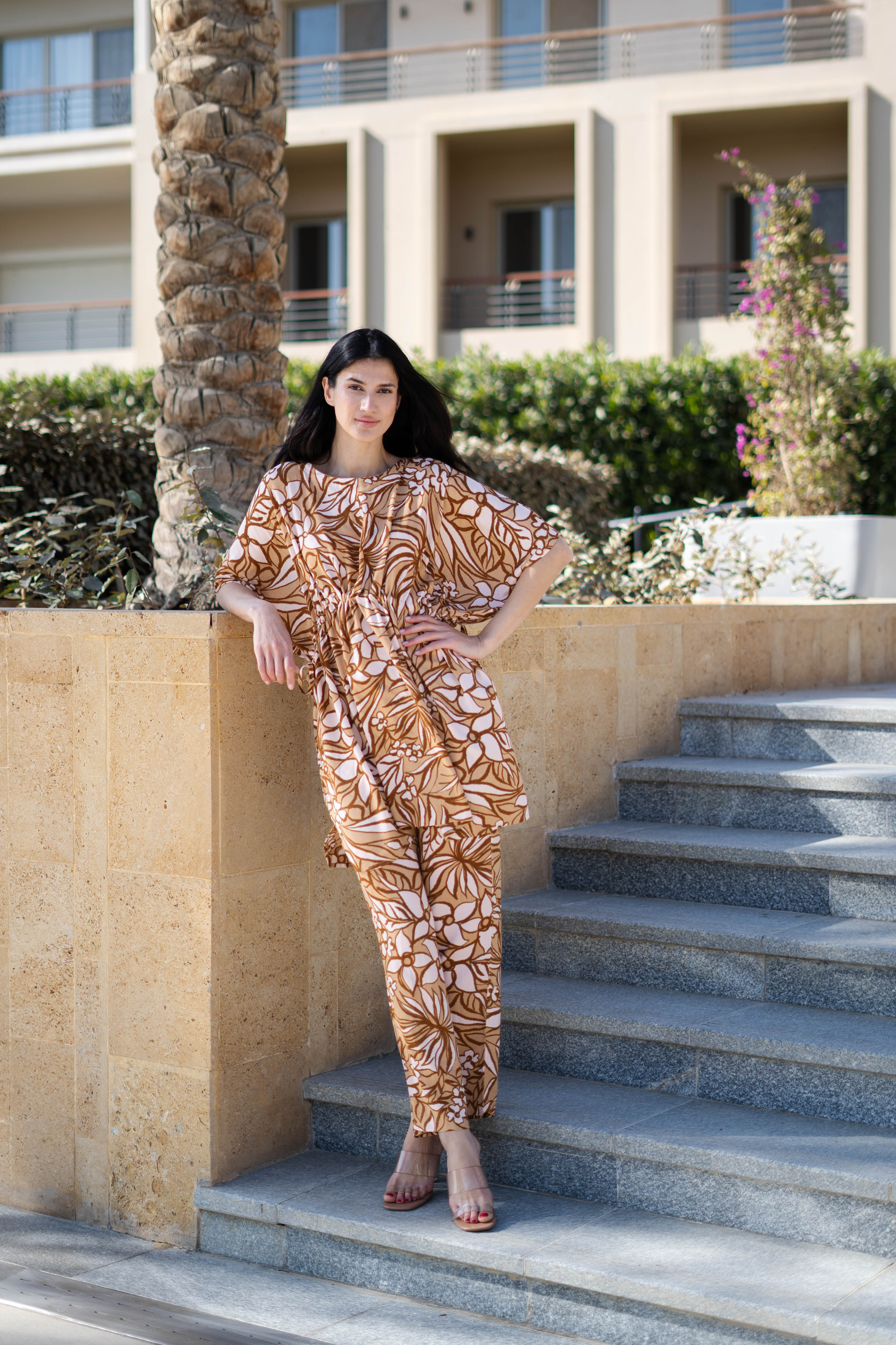 Coffee Brown Floral Printed Kaftan Night Suit