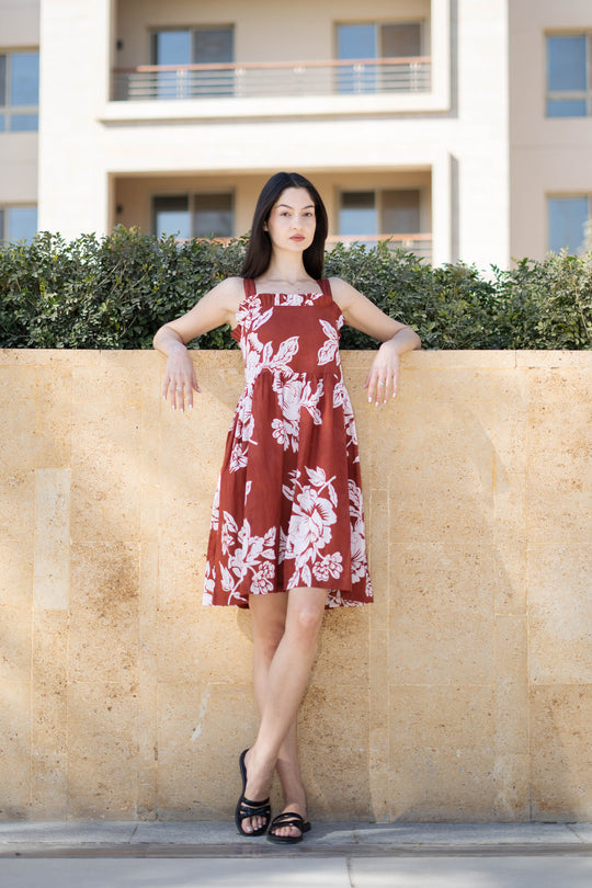 Red Floral Printed Square Neck Dress for Women