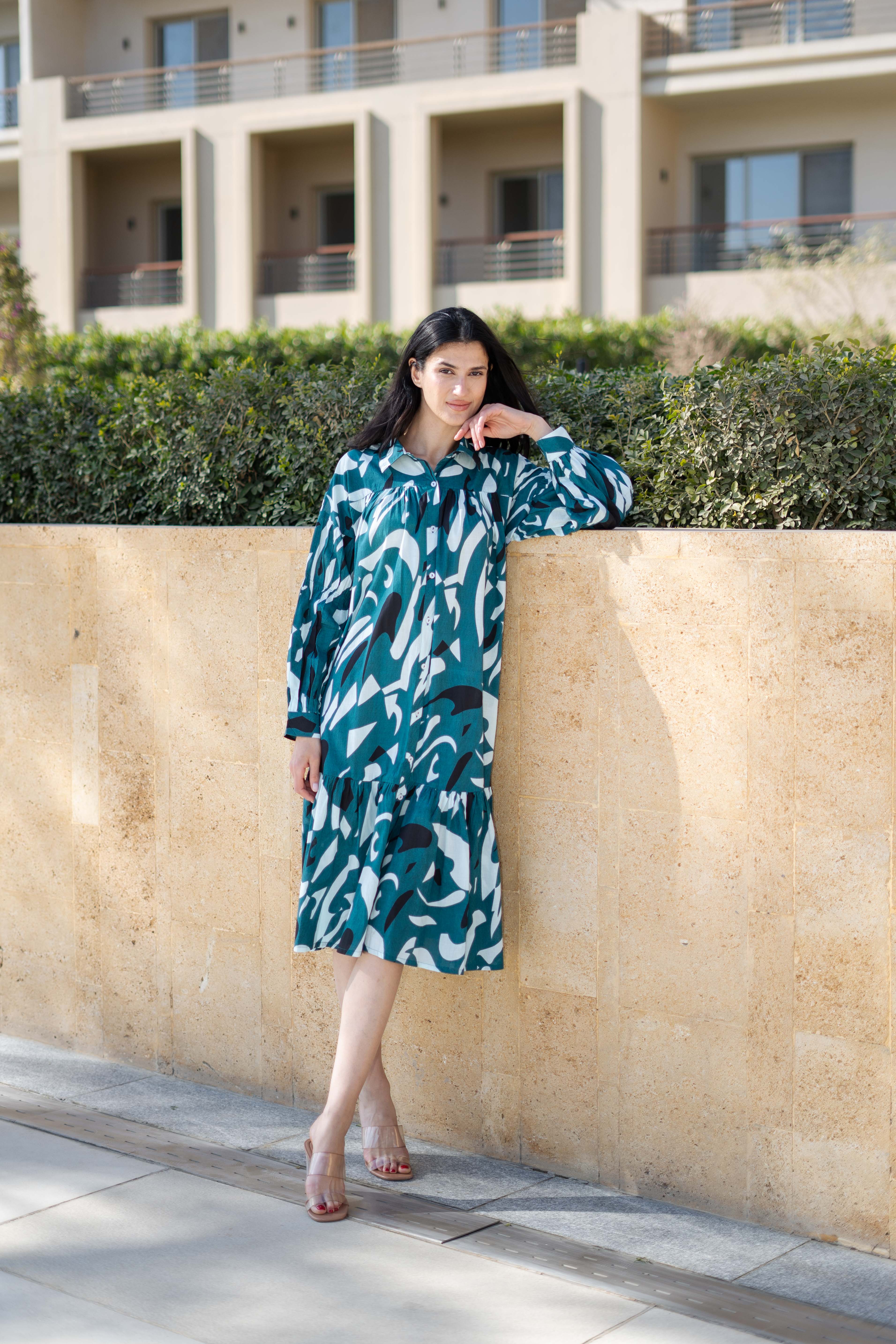 Teal Color Shirt Collar Printed Cotton Dress