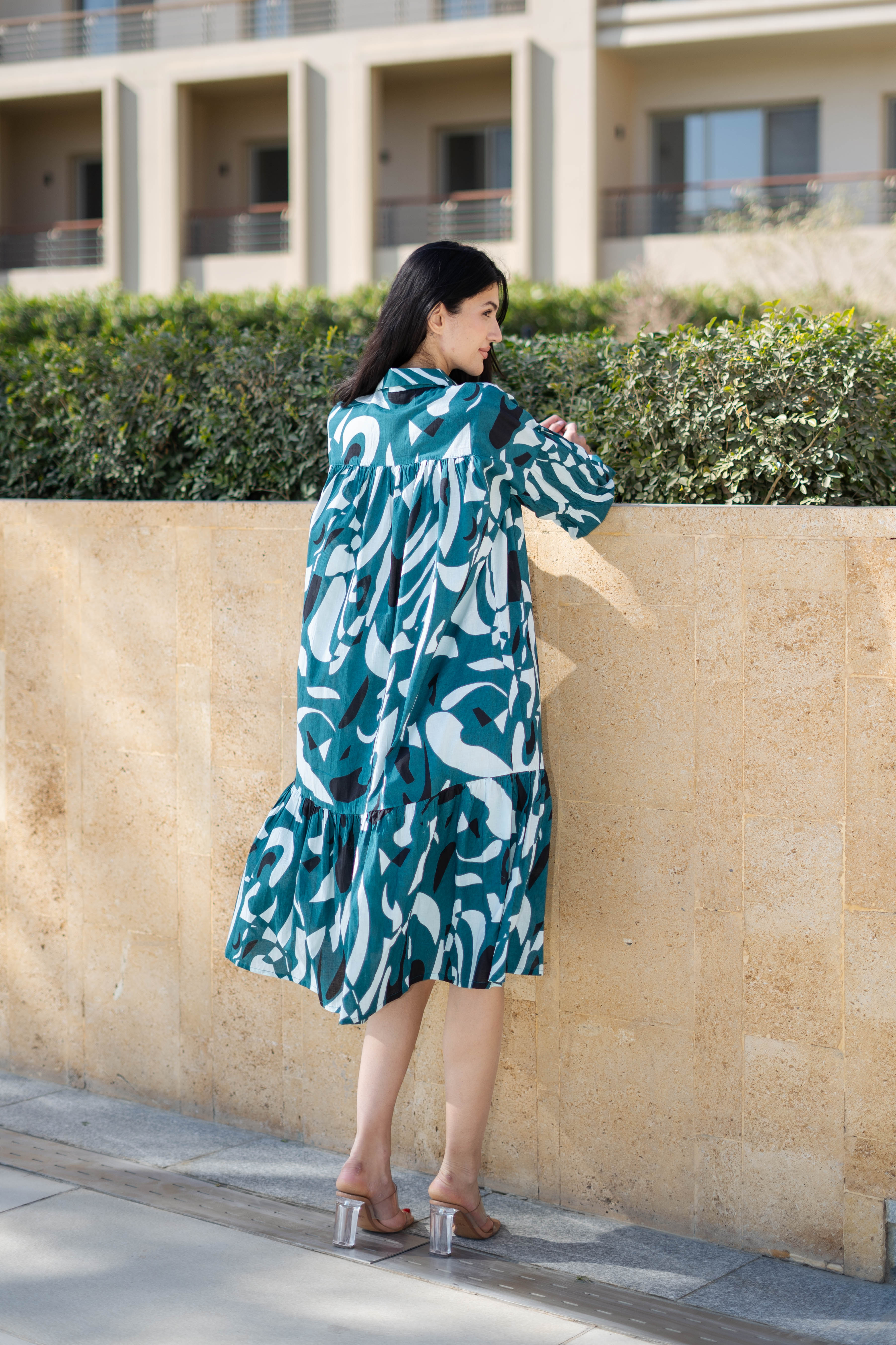 Teal Color Shirt Collar Printed Cotton Dress