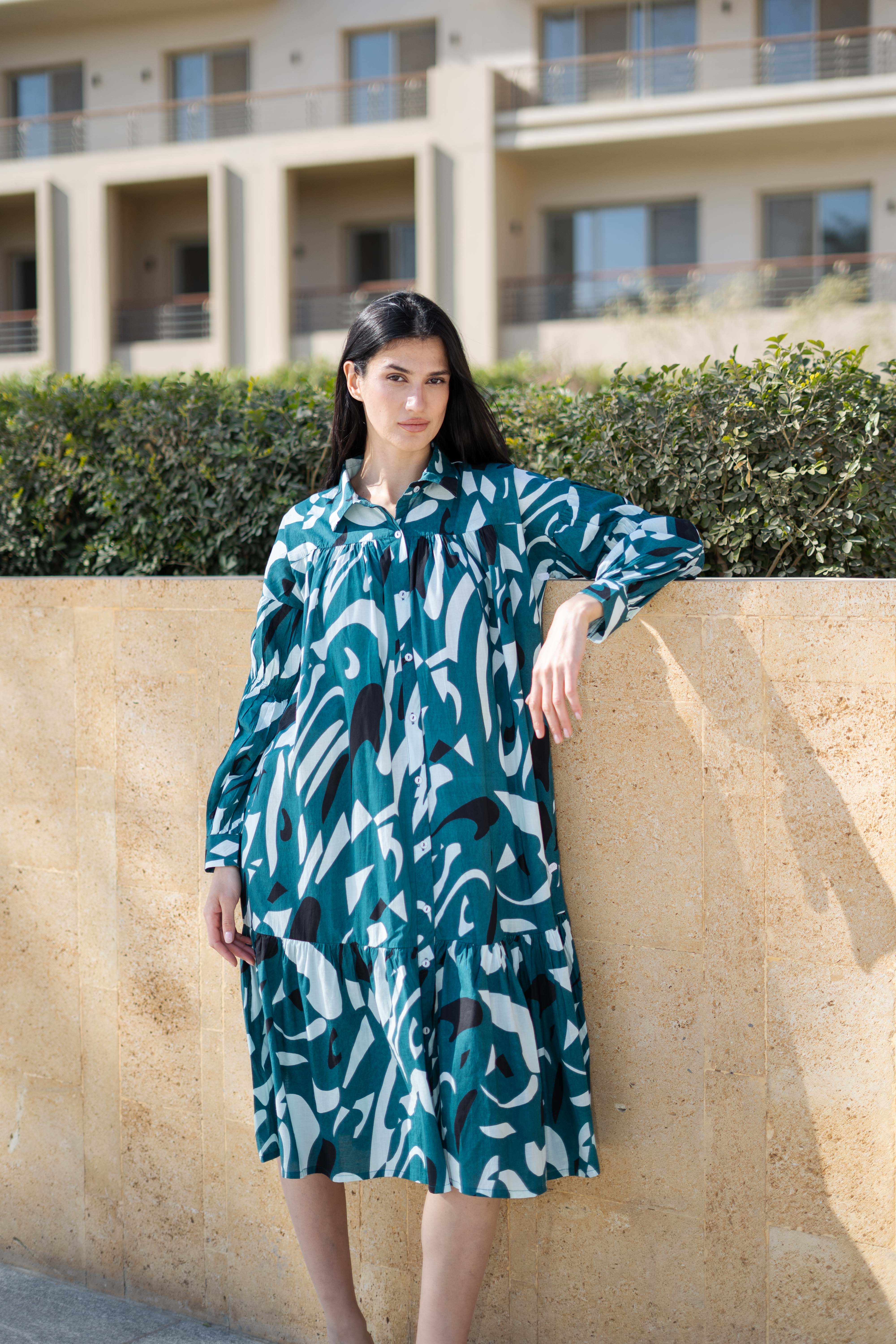 Teal Color Shirt Collar Printed Cotton Dress