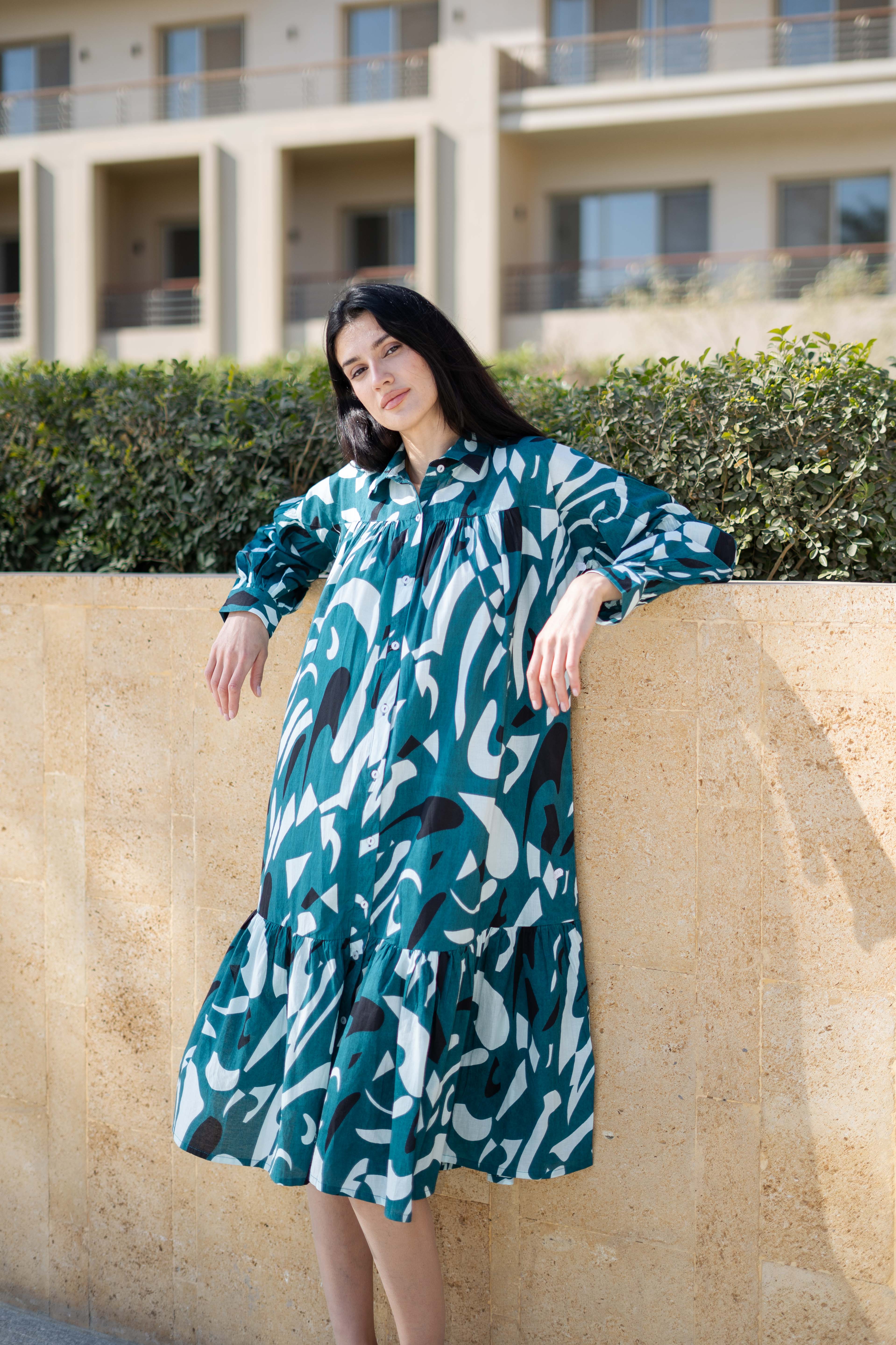 Teal Color Shirt Collar Printed Cotton Dress