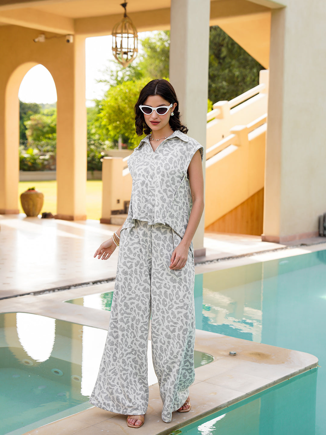 Grey Shirt Collar Cotton Blend Printed Co-Ords Set For Women