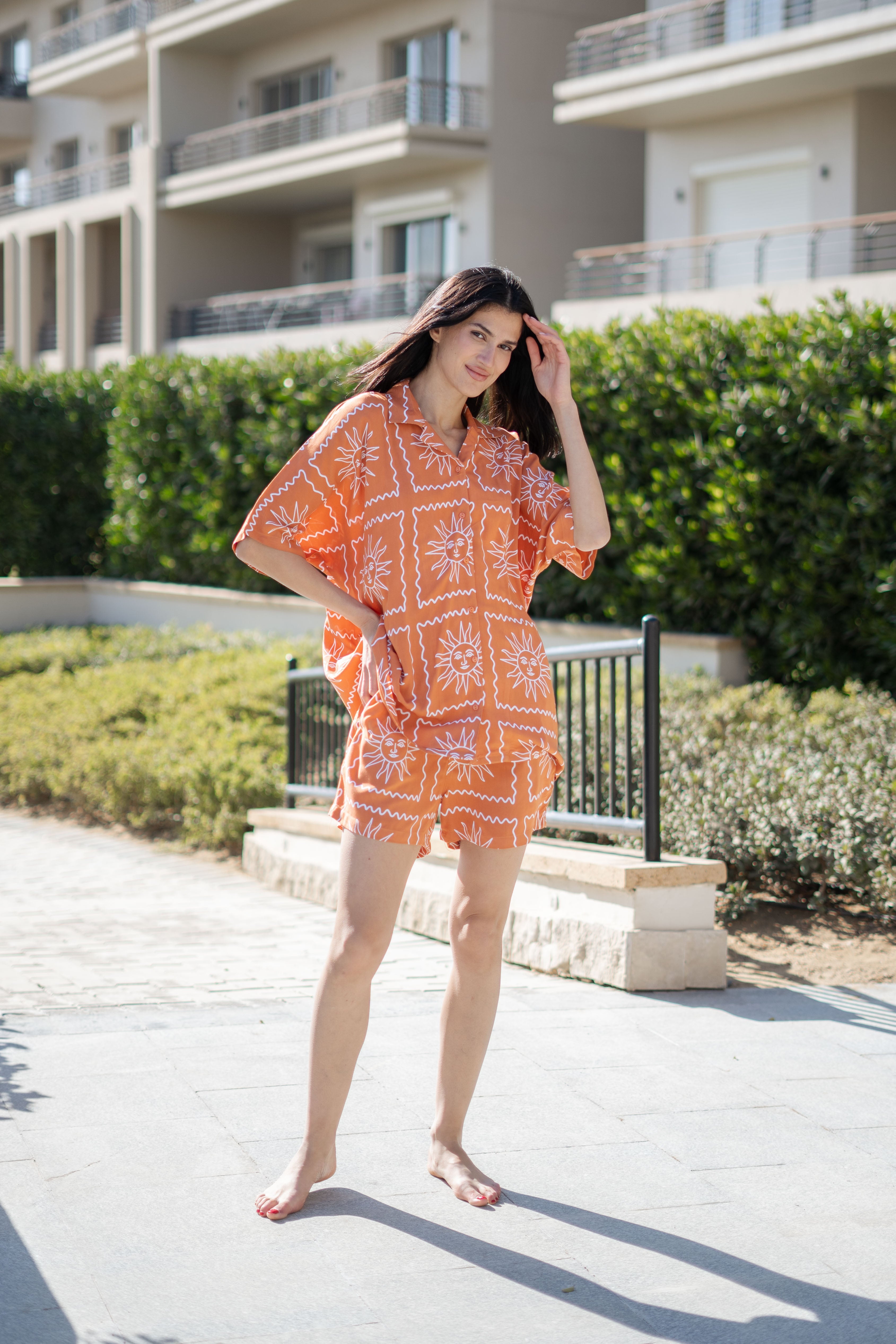 Rust Viscose Rayon Printed Shirt Collar Night Suit For Women