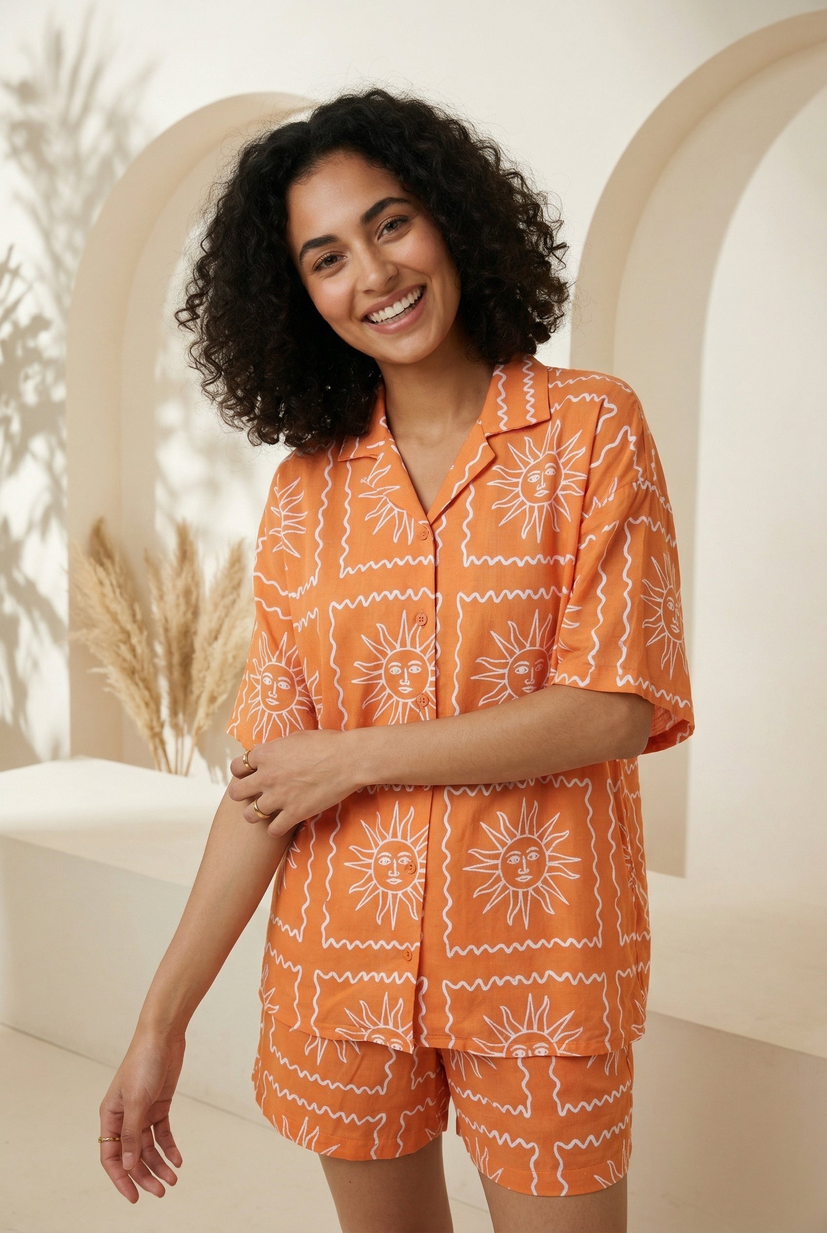 Rust Geometric Print Shirt Collar Night Suit For Women