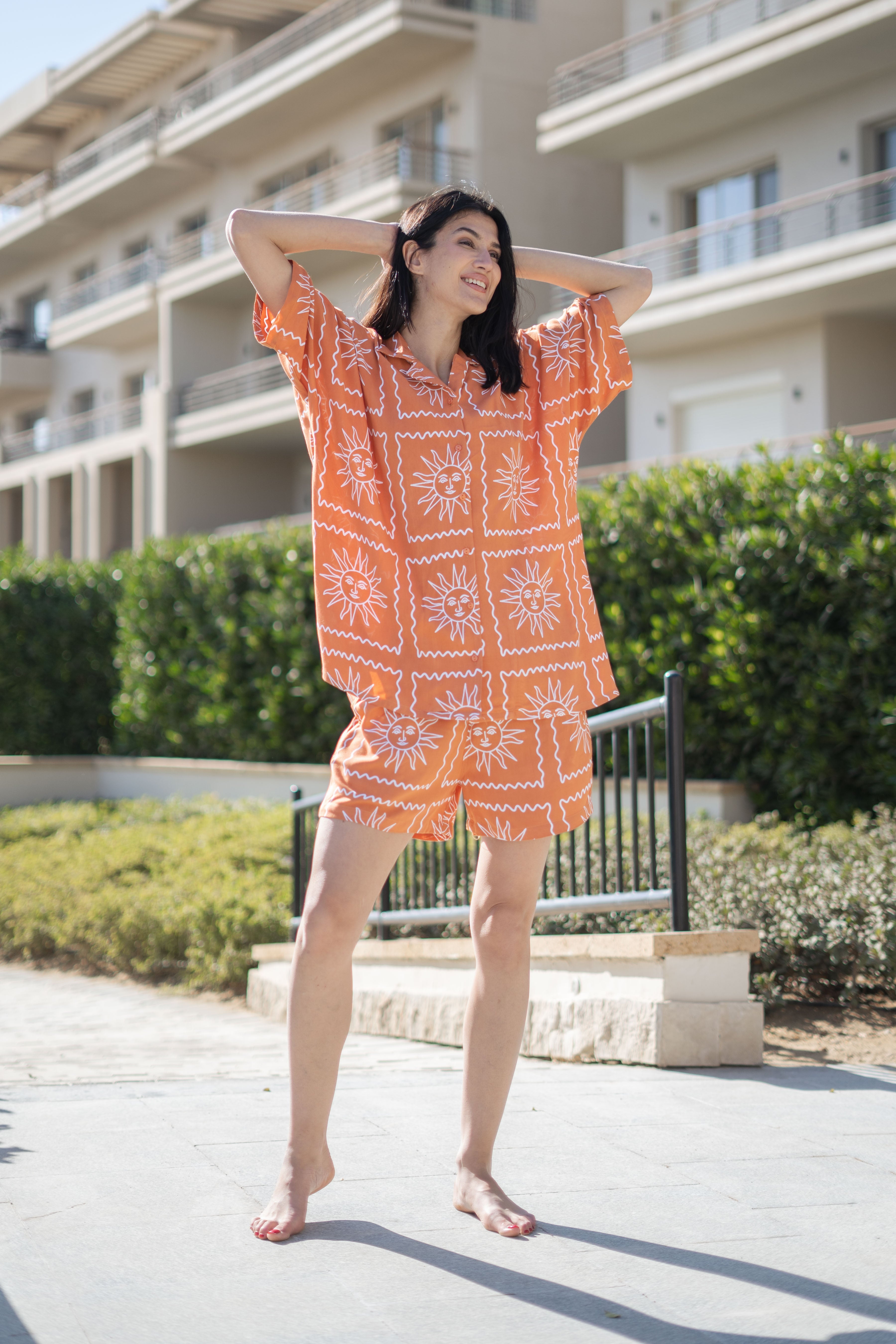 Rust Viscose Rayon Printed Shirt Collar Night Suit For Women