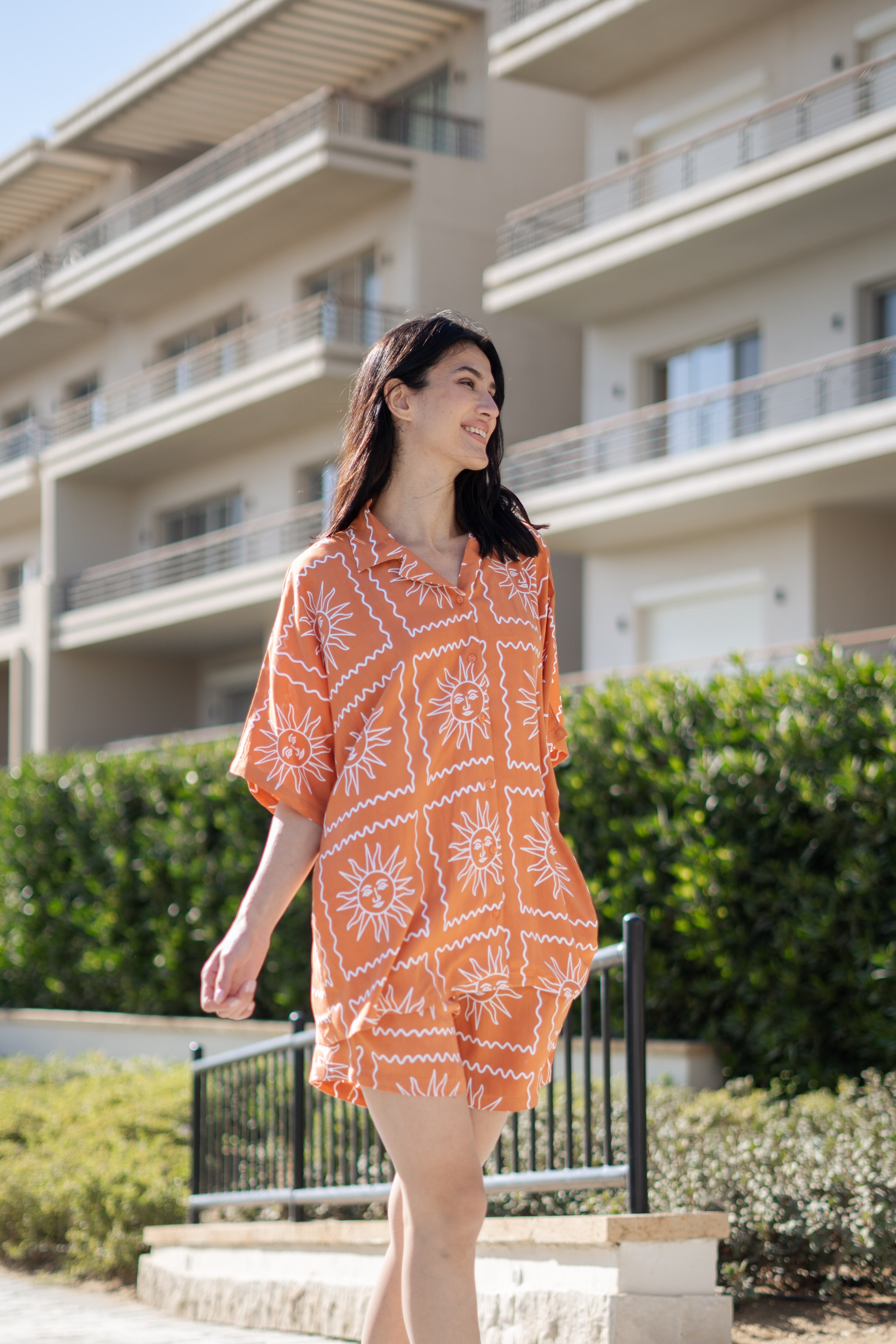 Rust Viscose Rayon Printed Shirt Collar Night Suit For Women