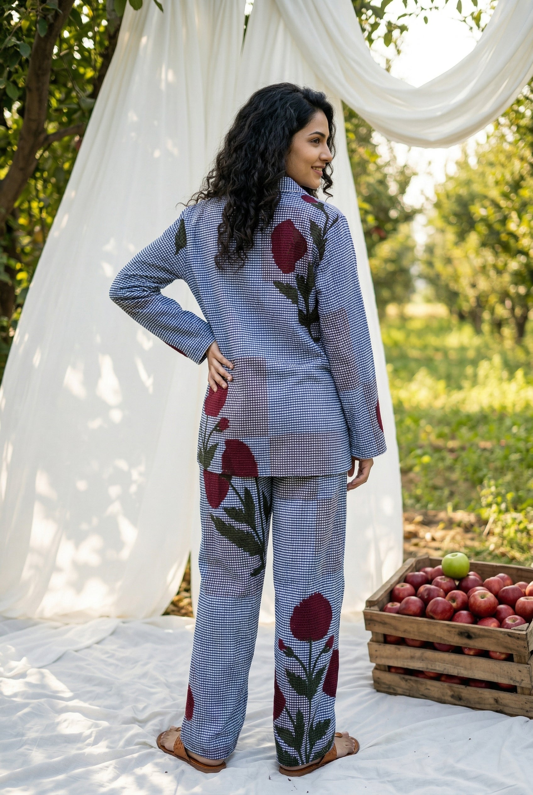 Blue Lapel Collar Pure Cotton Checked Night Suit For Women