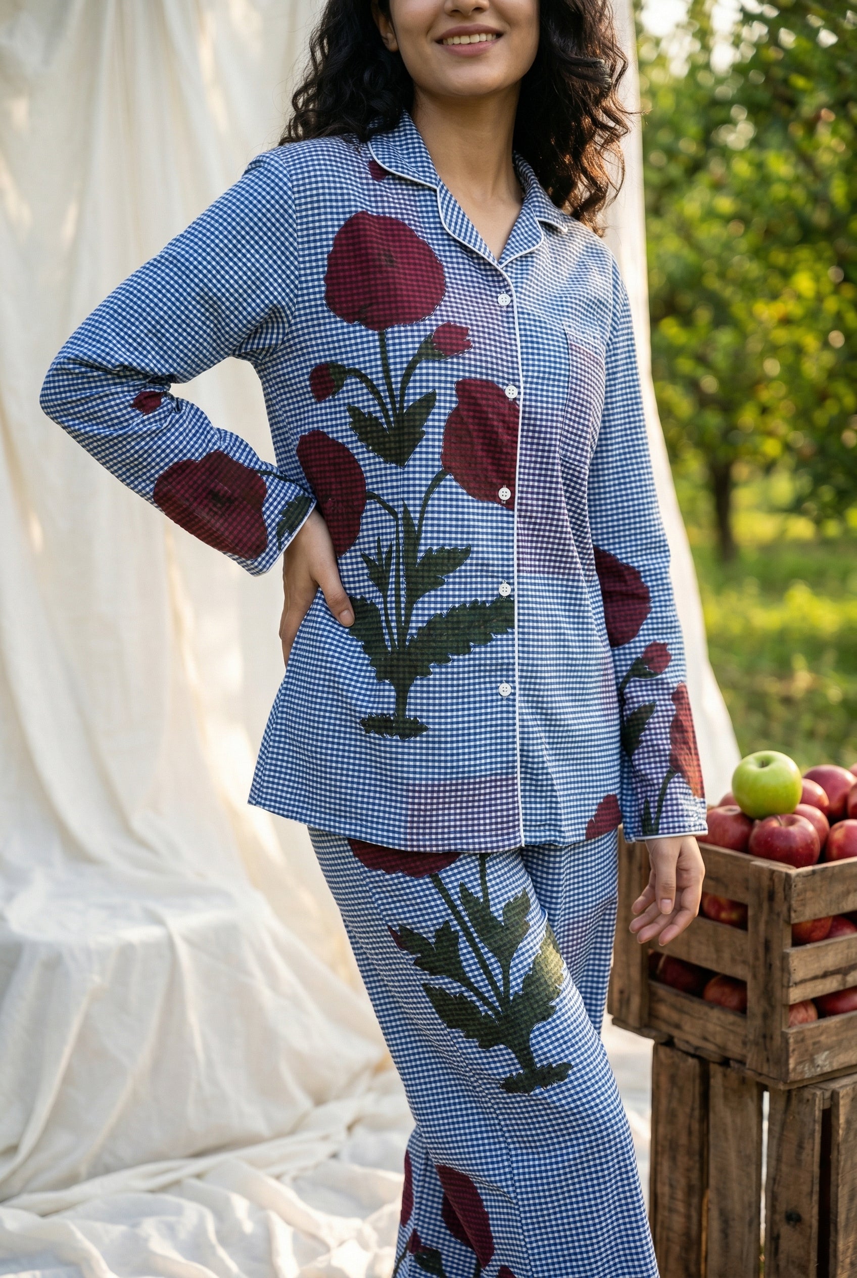 Blue Lapel Collar Pure Cotton Checked Night Suit For Women