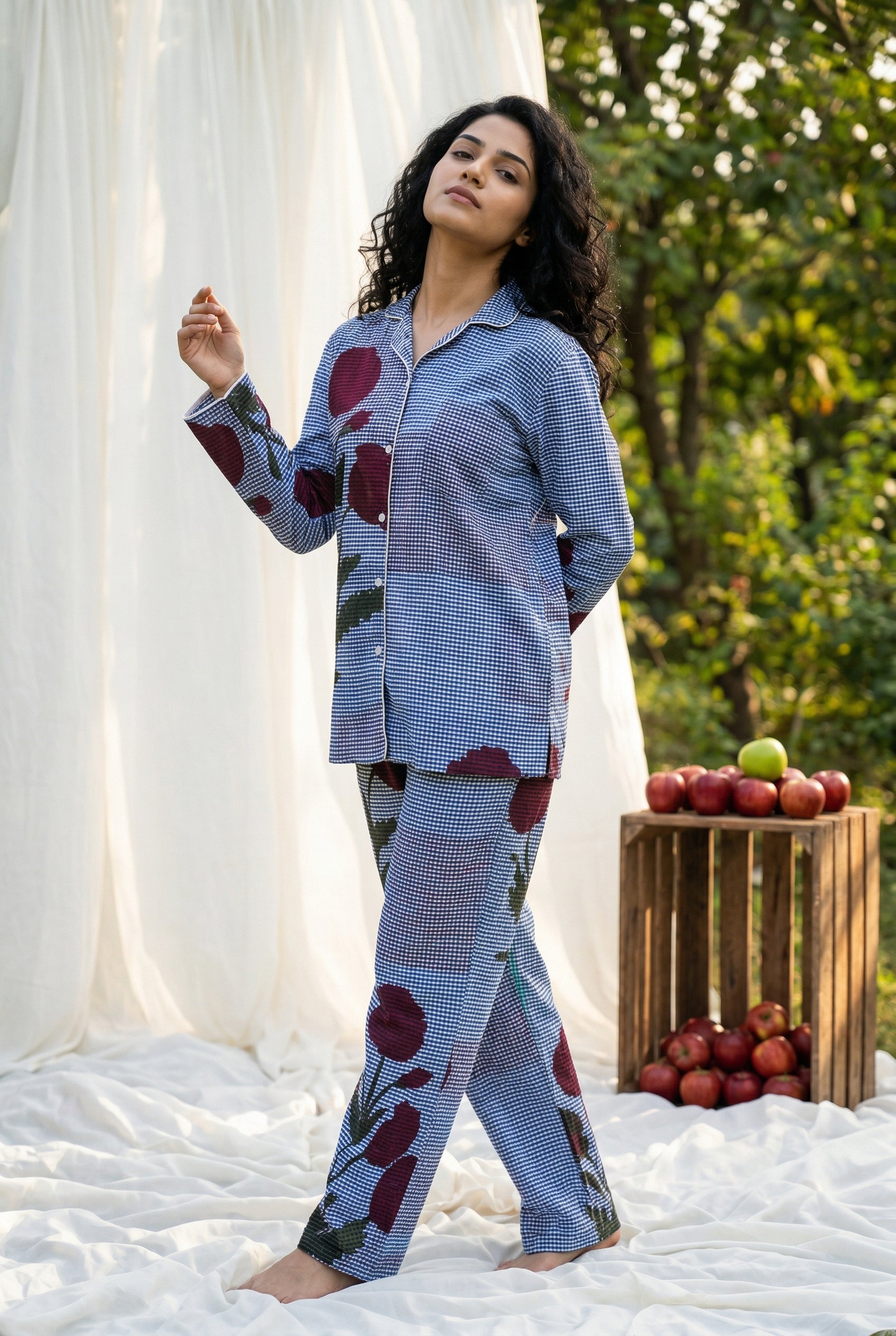 Blue Lapel Collar Pure Cotton Checked Night Suit For Women