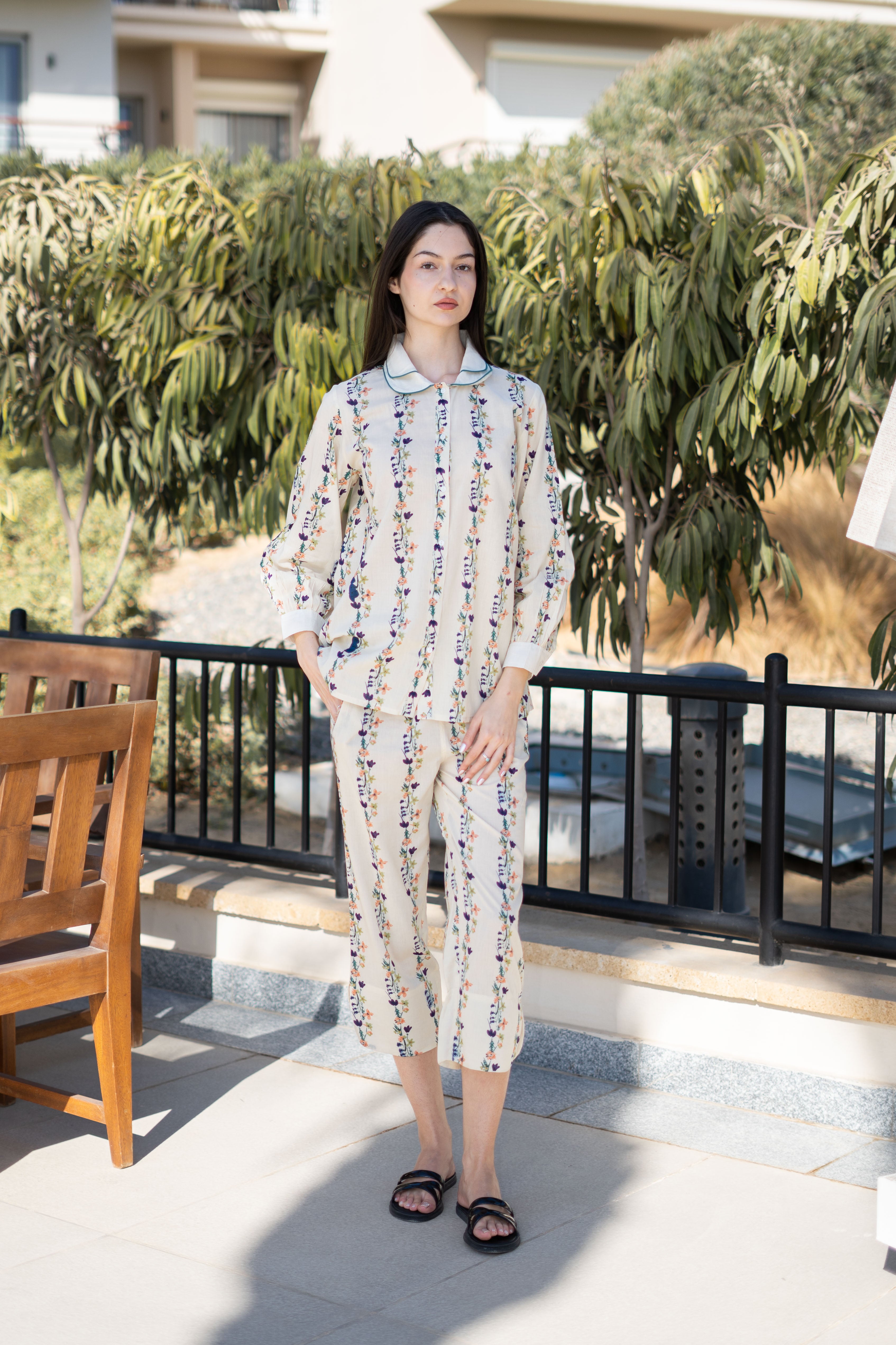 Cream Floral Printed Cotton Night Suit