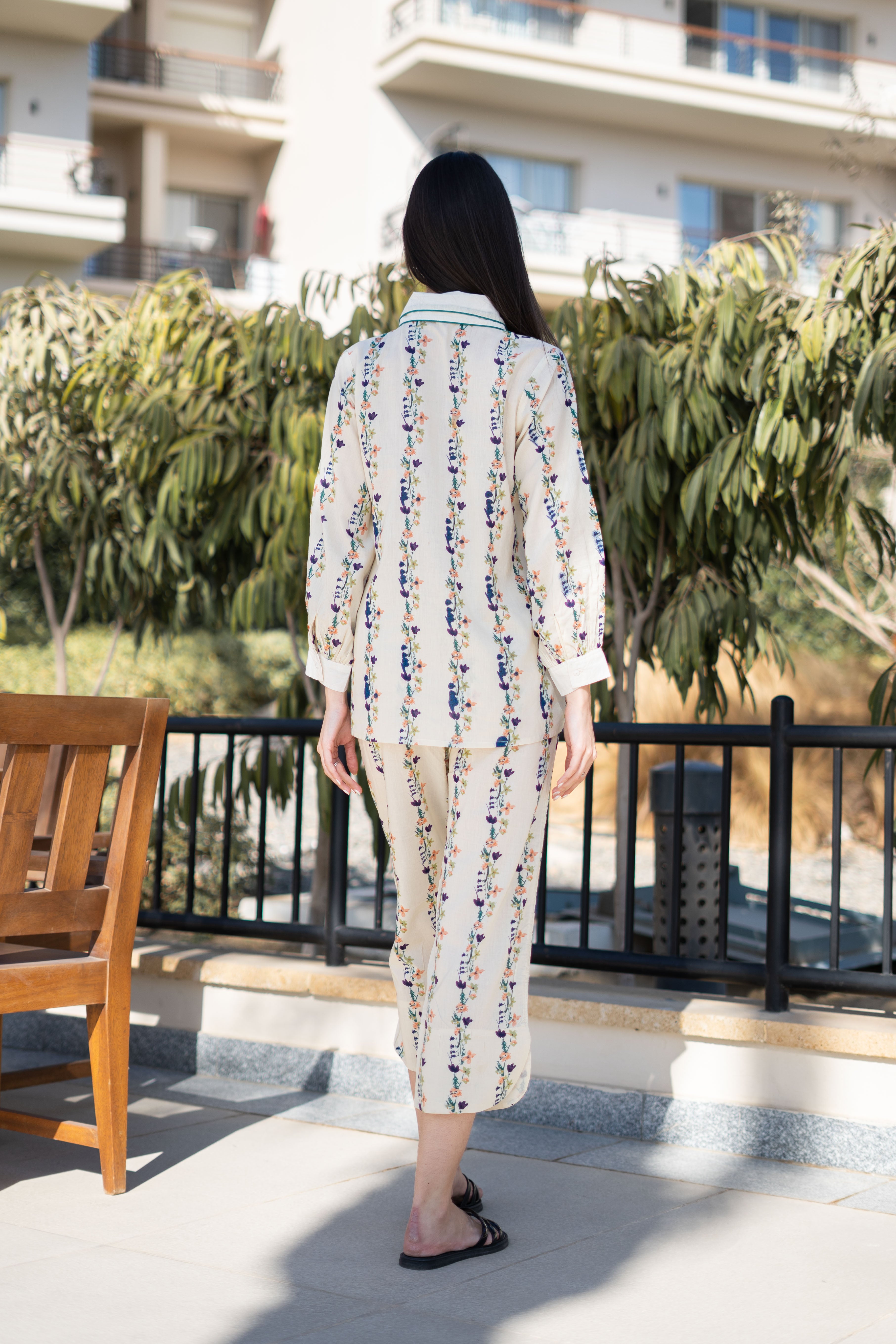 Cream Floral Printed Cotton Night Suit