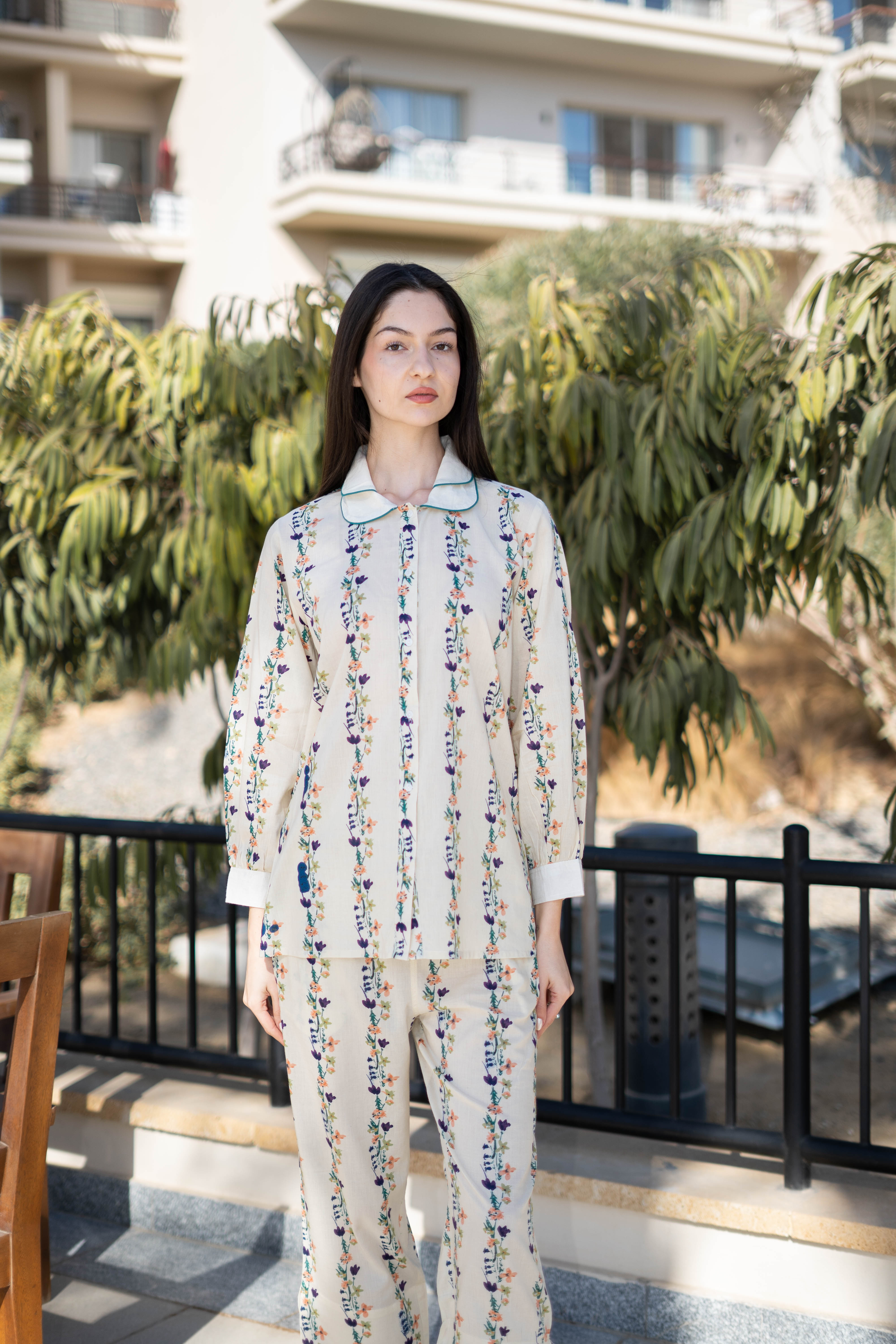 Cream Floral Printed Cotton Night Suit