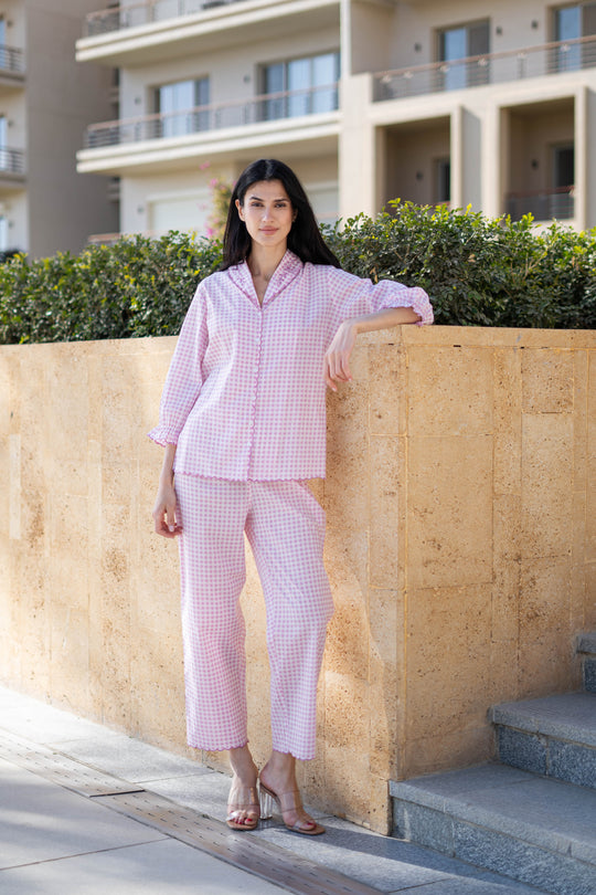 Pink Pure Cotton Checked Lapel Collar night suit for women