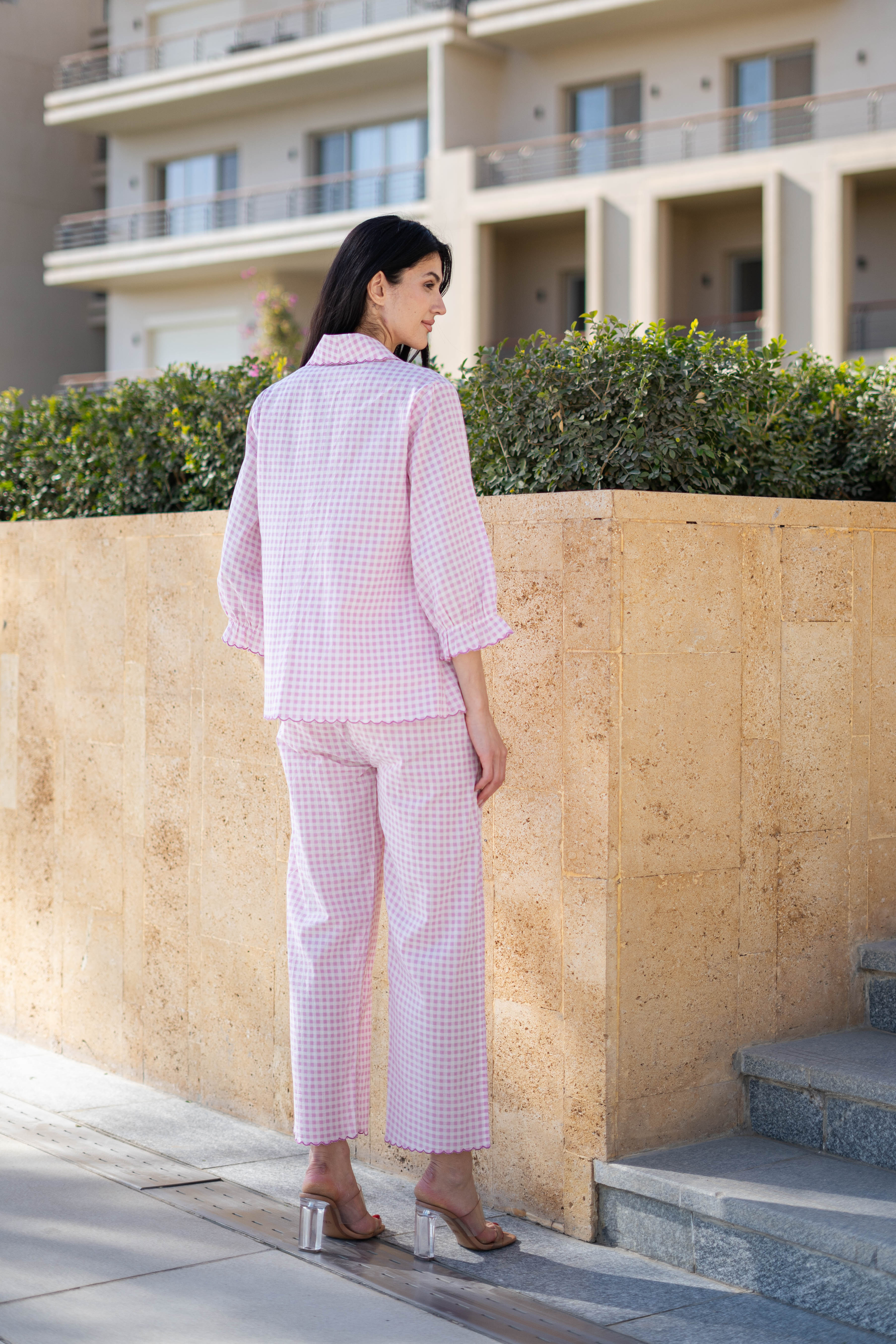 Pink Pure Cotton Checked Lapel Collar Night Suit For Women