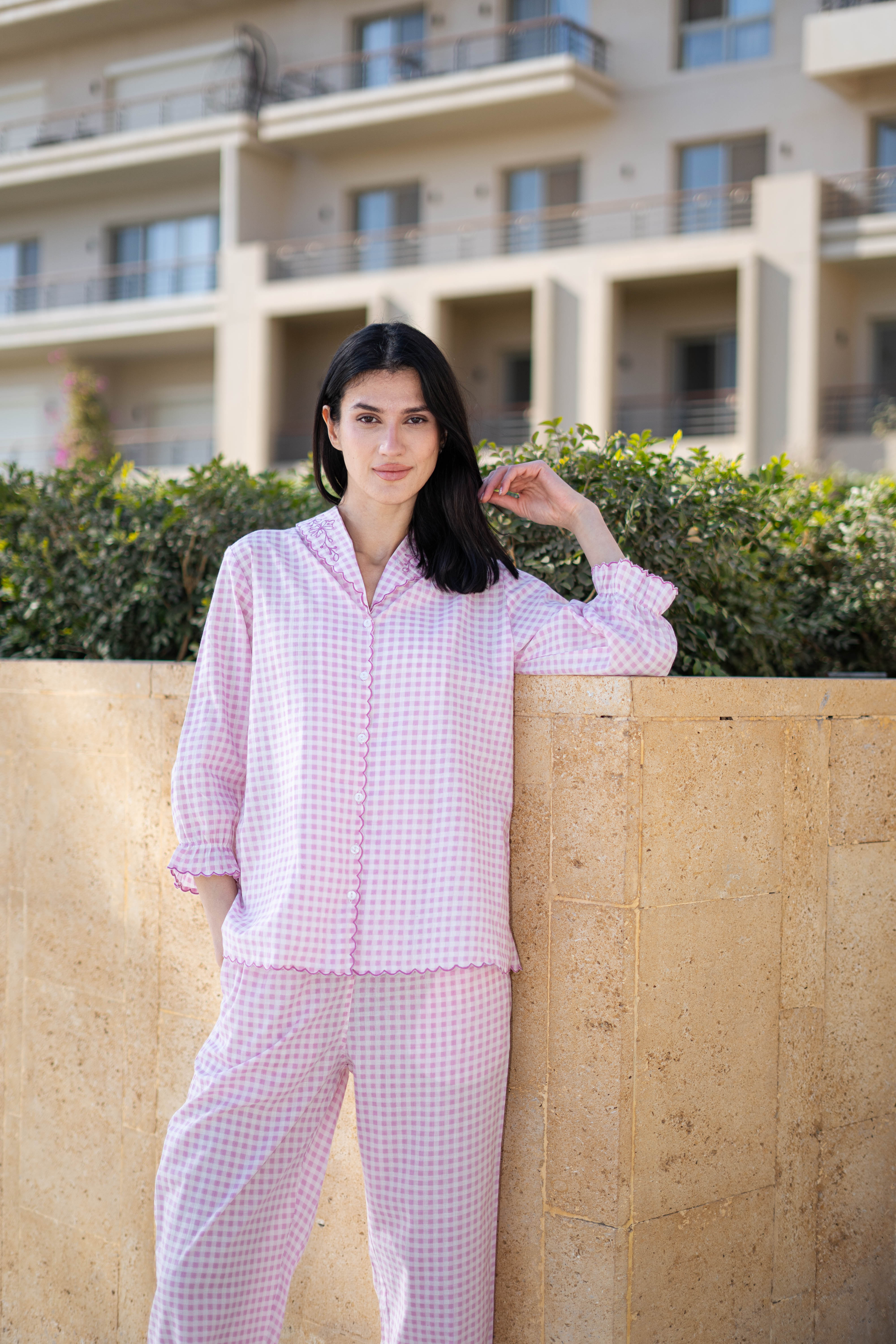 Pink Pure Cotton Checked Lapel Collar Night Suit For Women