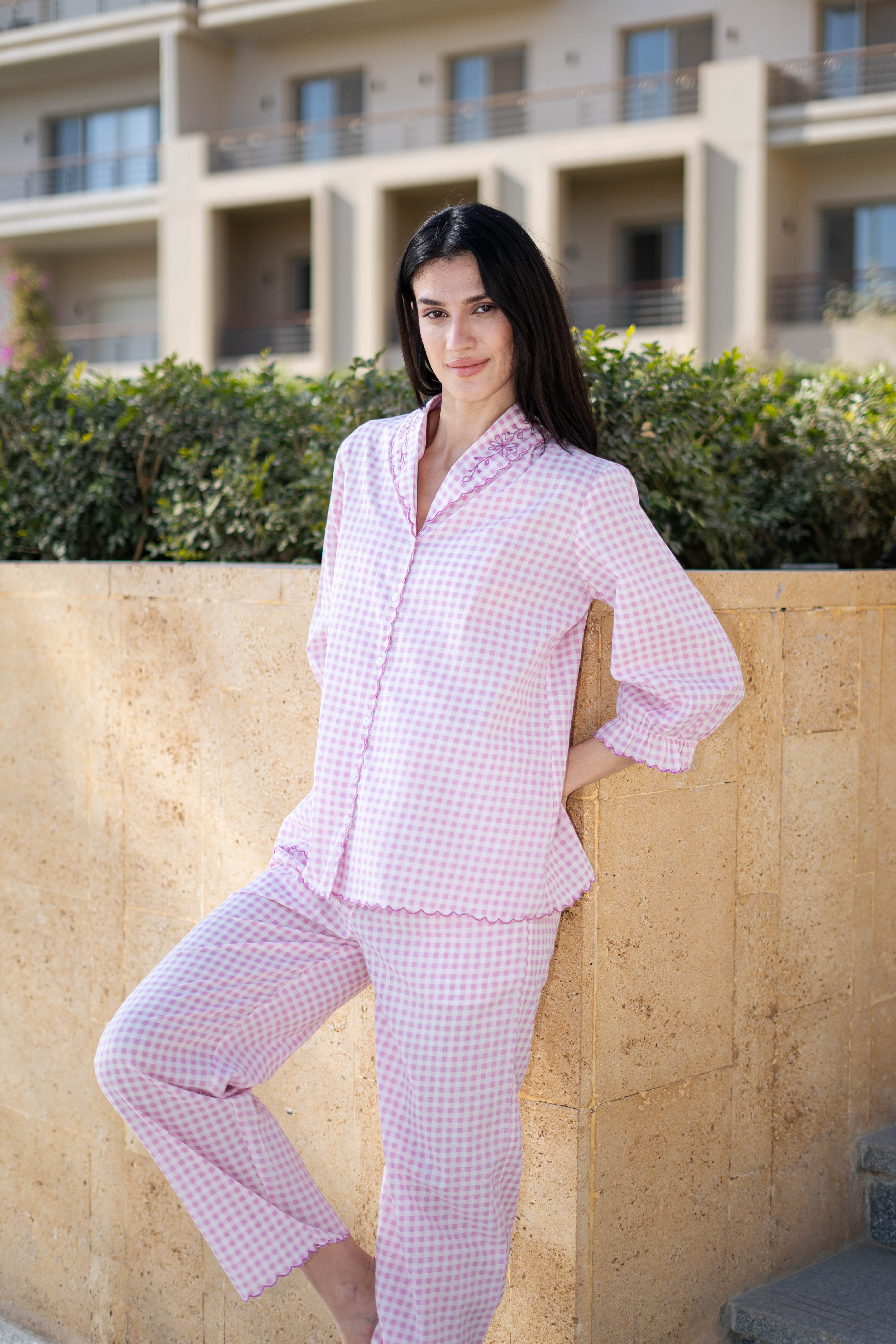 Pink Pure Cotton Checked Lapel Collar Night Suit For Women