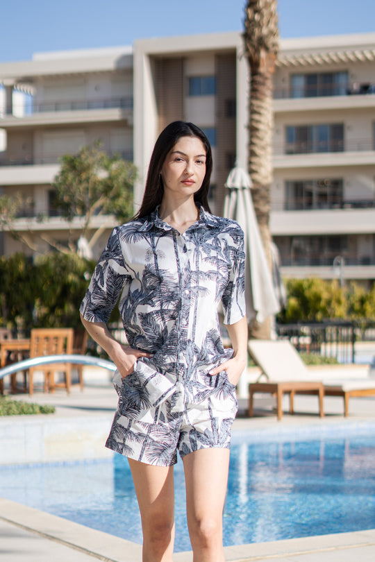 Off White Pure Cotton Printed Shirt Collar night suit for women