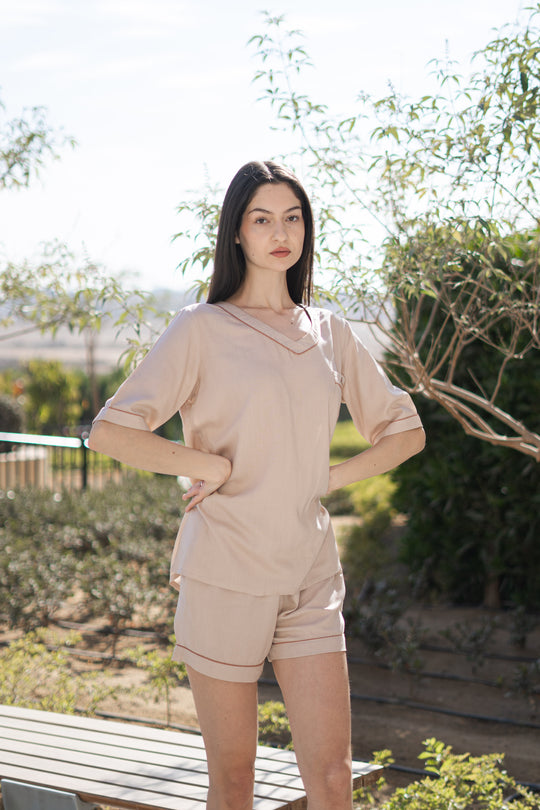 Cream Color V-Neck Viscose Rayon Night Suit for Women