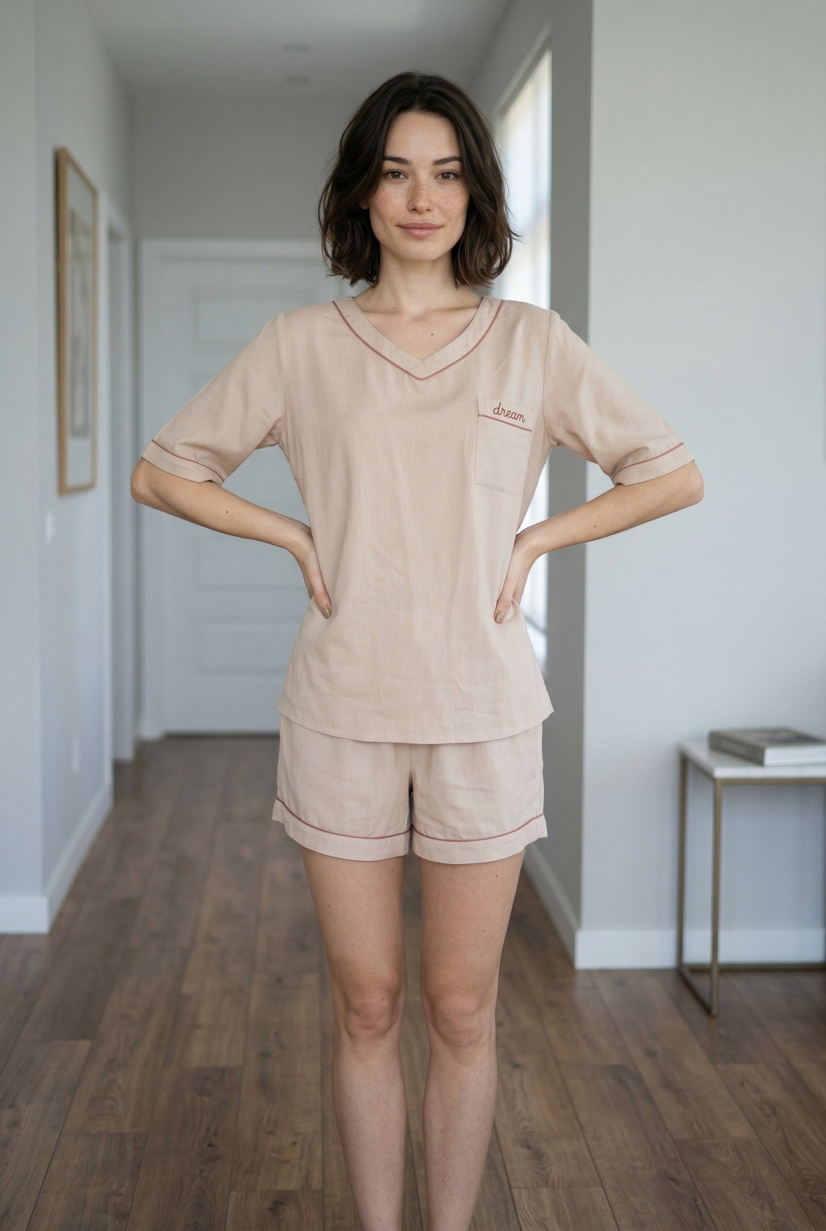 Cream V-Neck Solid Night Suit For Women