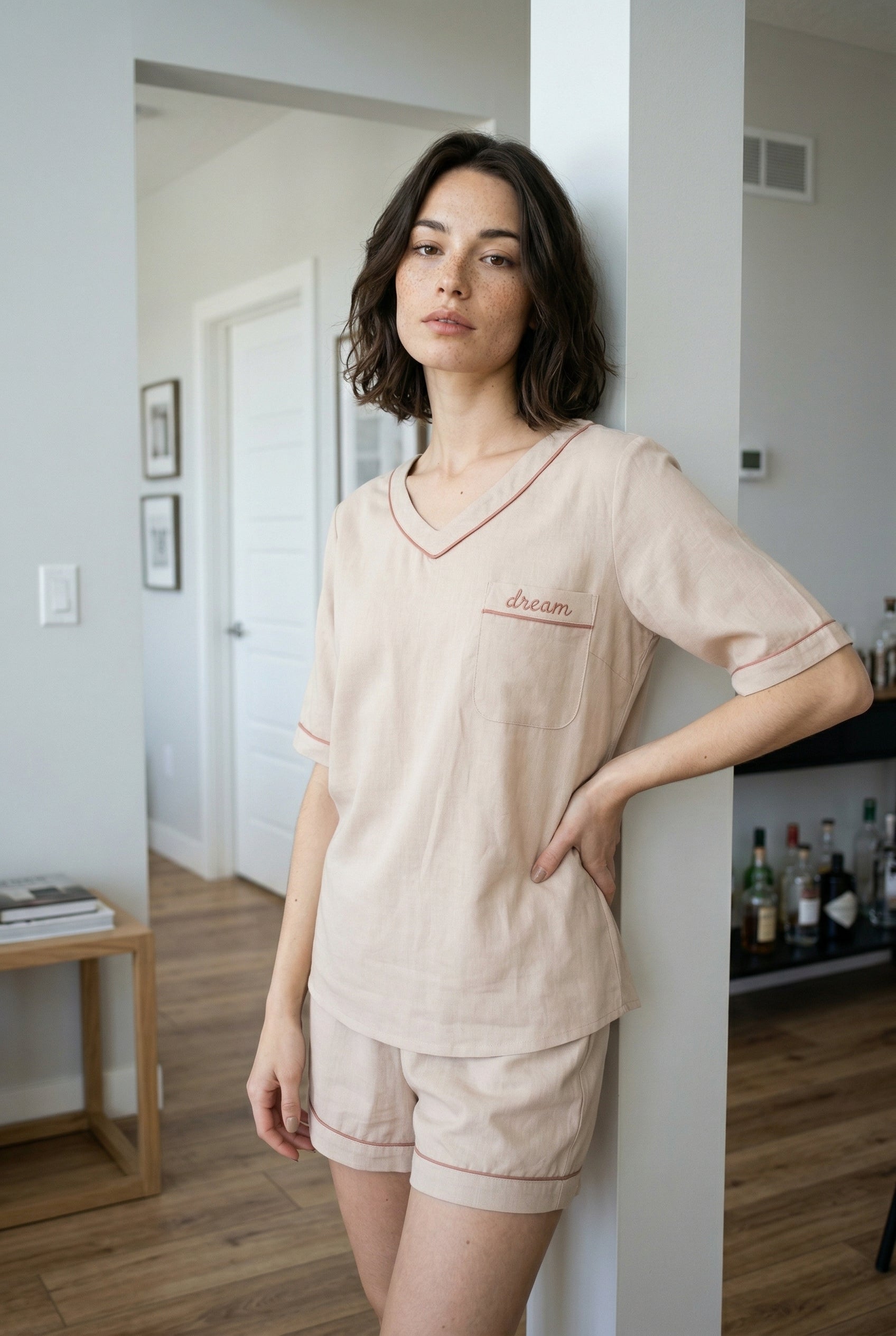 Cream V-Neck Solid Night Suit For Women