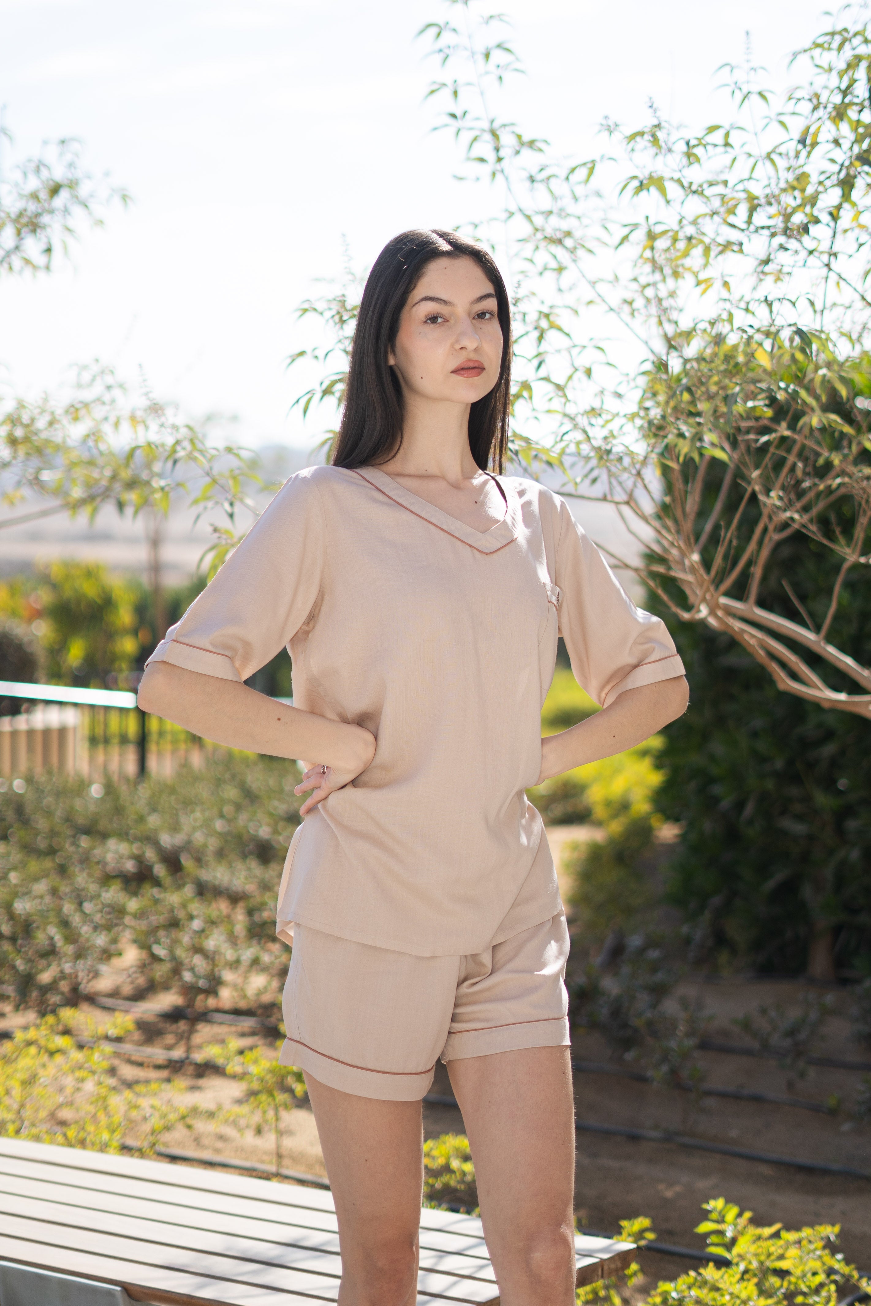 Cream Color V-Neck Viscose Rayon Night Suit for Women - SanskrutiHomes 