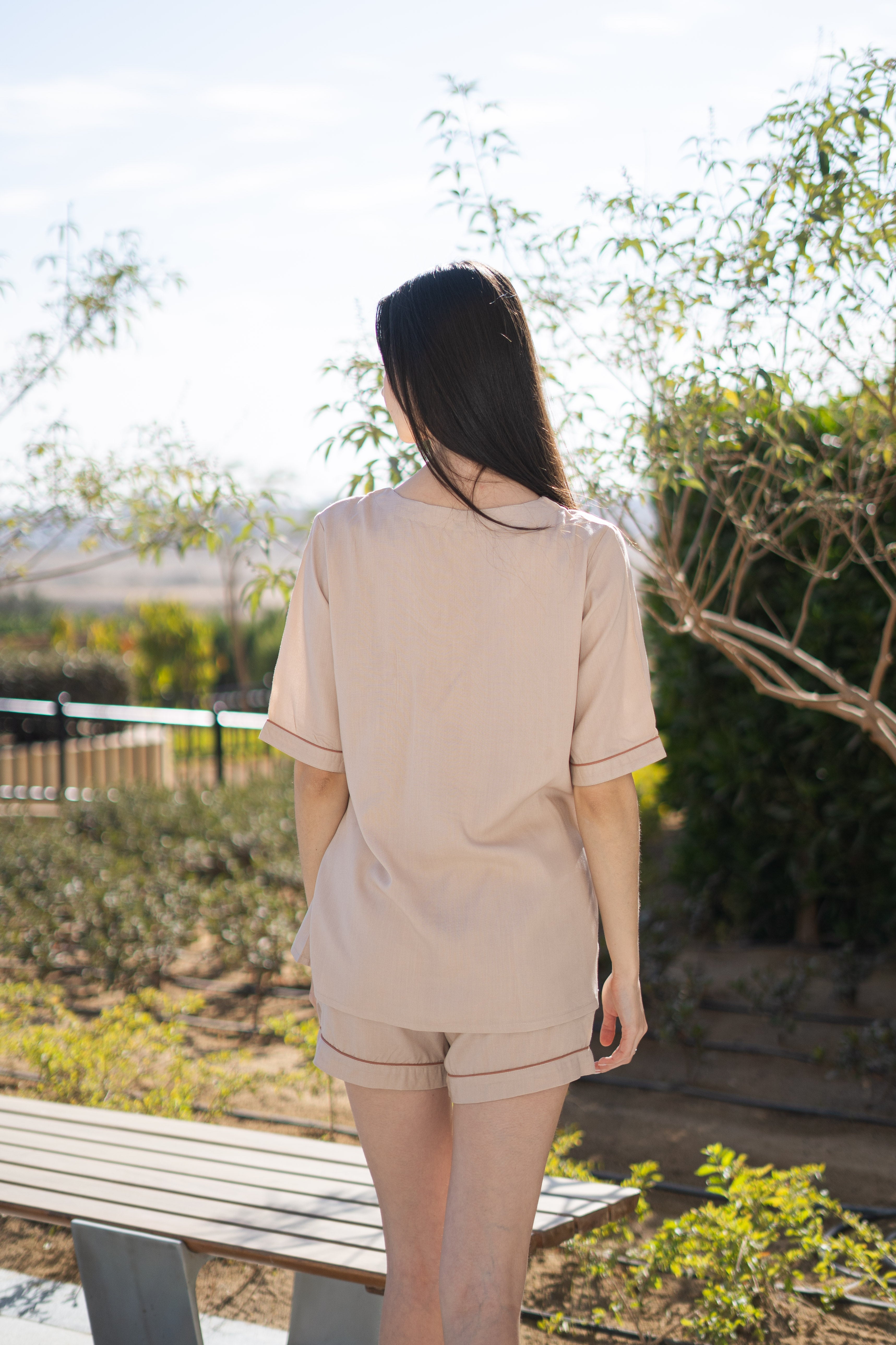 Cream Color V-Neck Viscose Rayon Night Suit for Women - SanskrutiHomes 