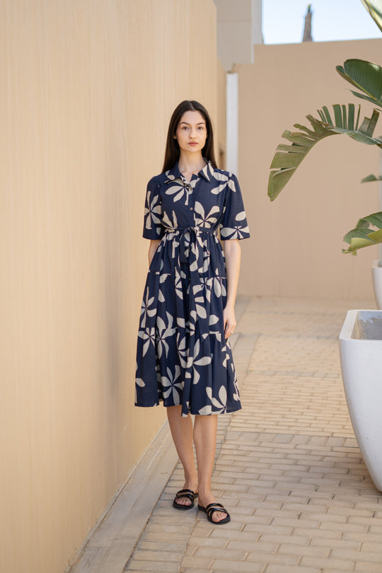 Navy Blue Floral Printed Shirt Collar Dress
