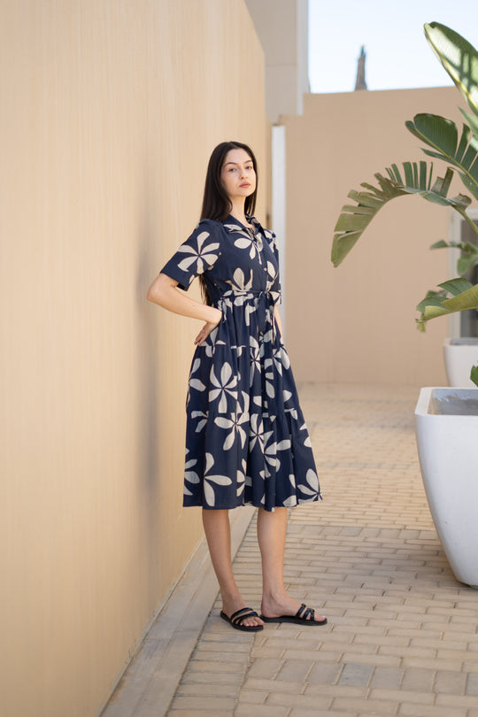 Navy Blue Floral Printed Shirt Collar Dress