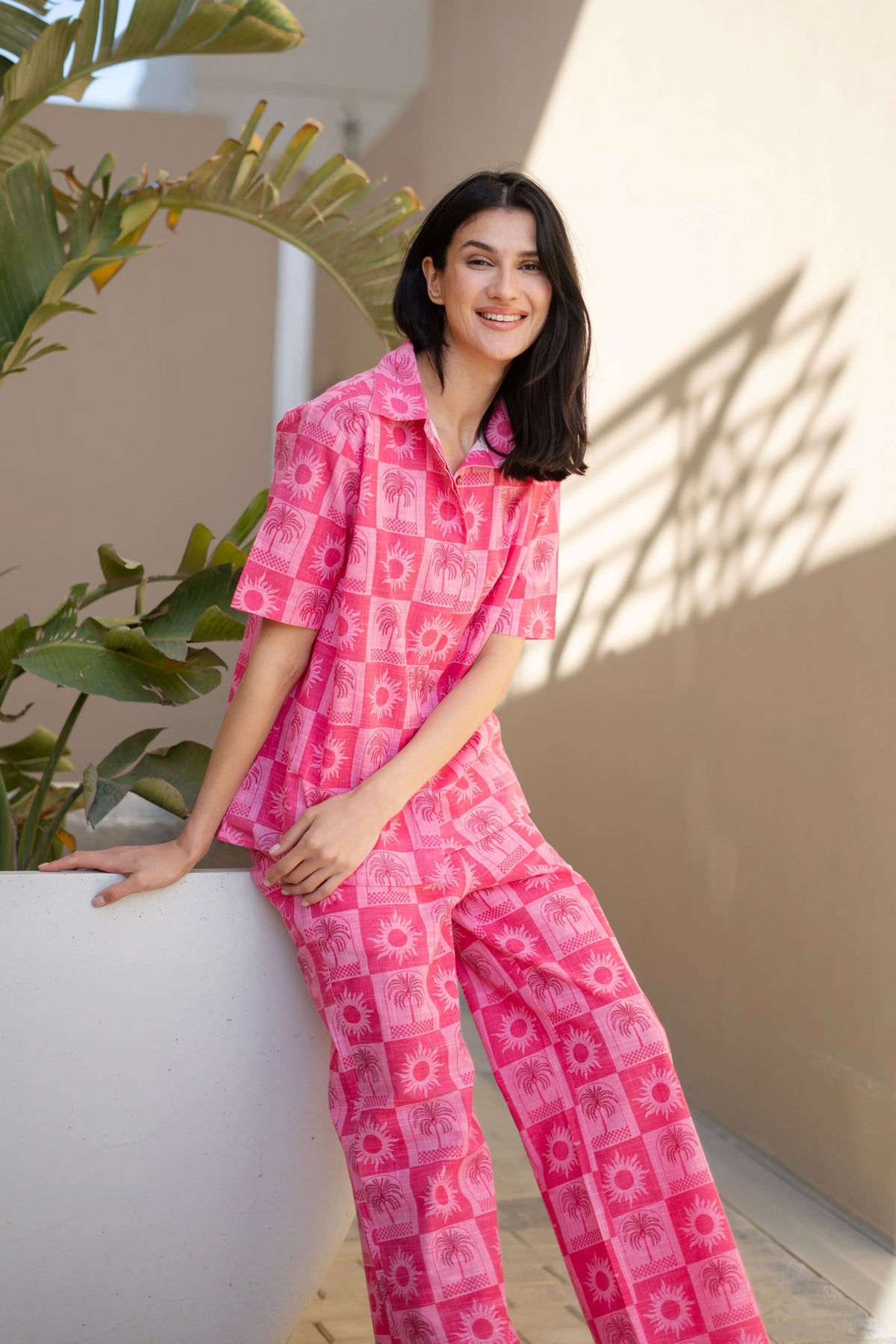 Buy Pink Geometric Print Shirt Collar Pure Cotton Co-Ord Set For Women ...