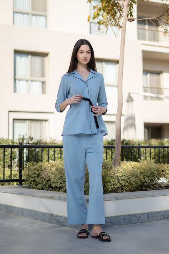 Women Solid Printed Blue Night Suit Set