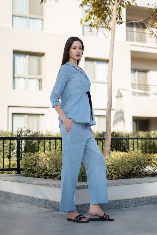 Women Solid Printed Blue Night Suit Set