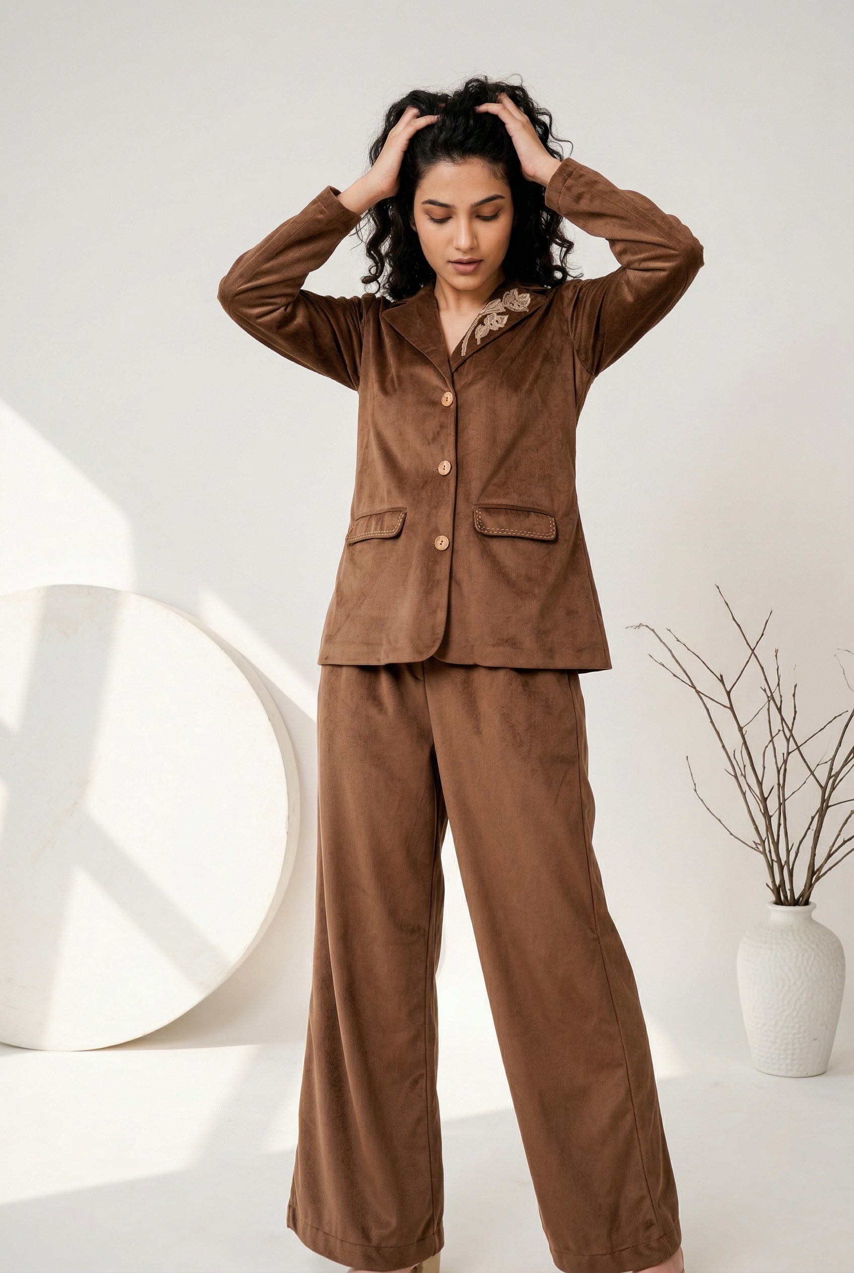 Brown Shirt Collar Solid Cotton Blend Co-Ord Set For Women