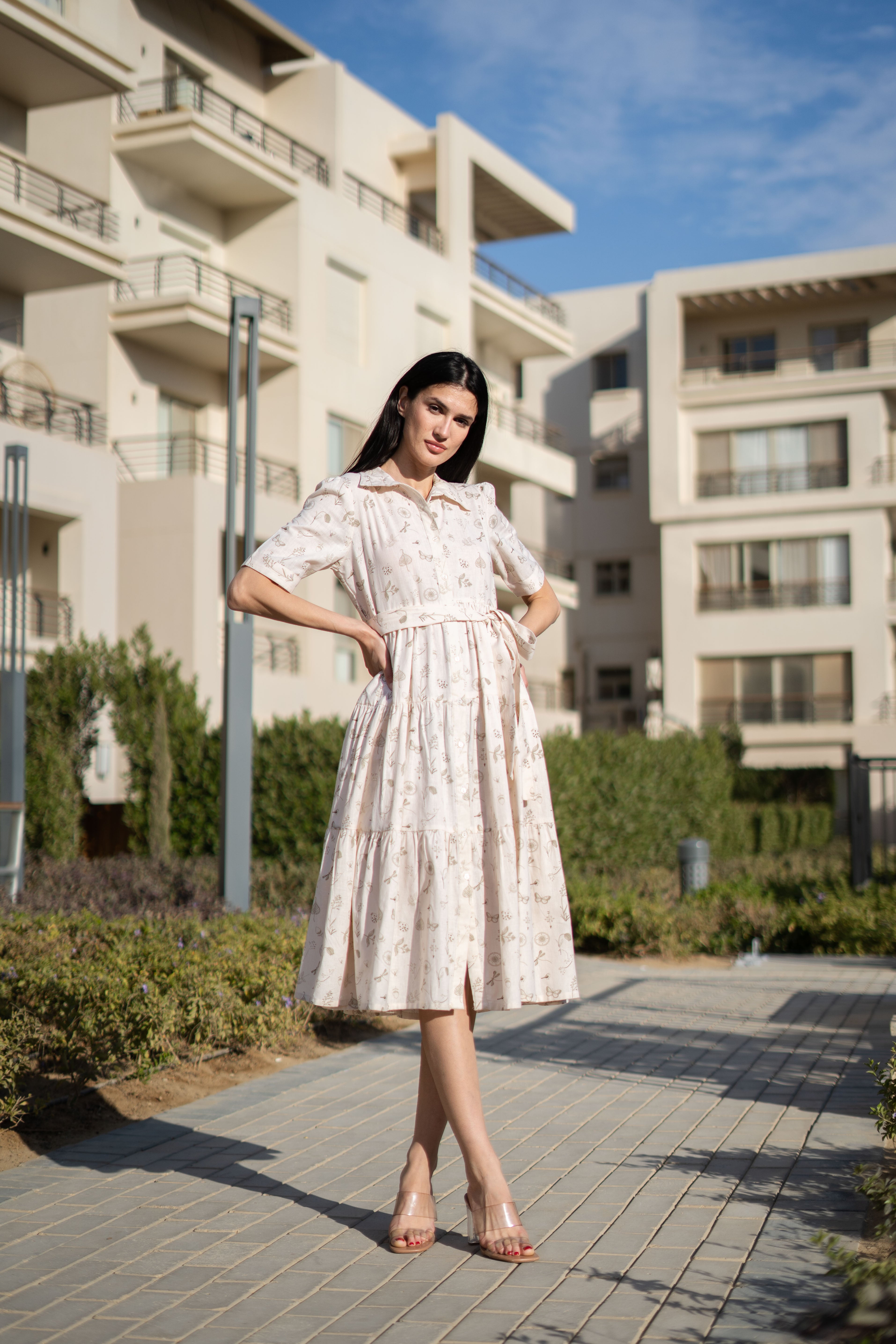 Beige Printed Cotton Dress For Women