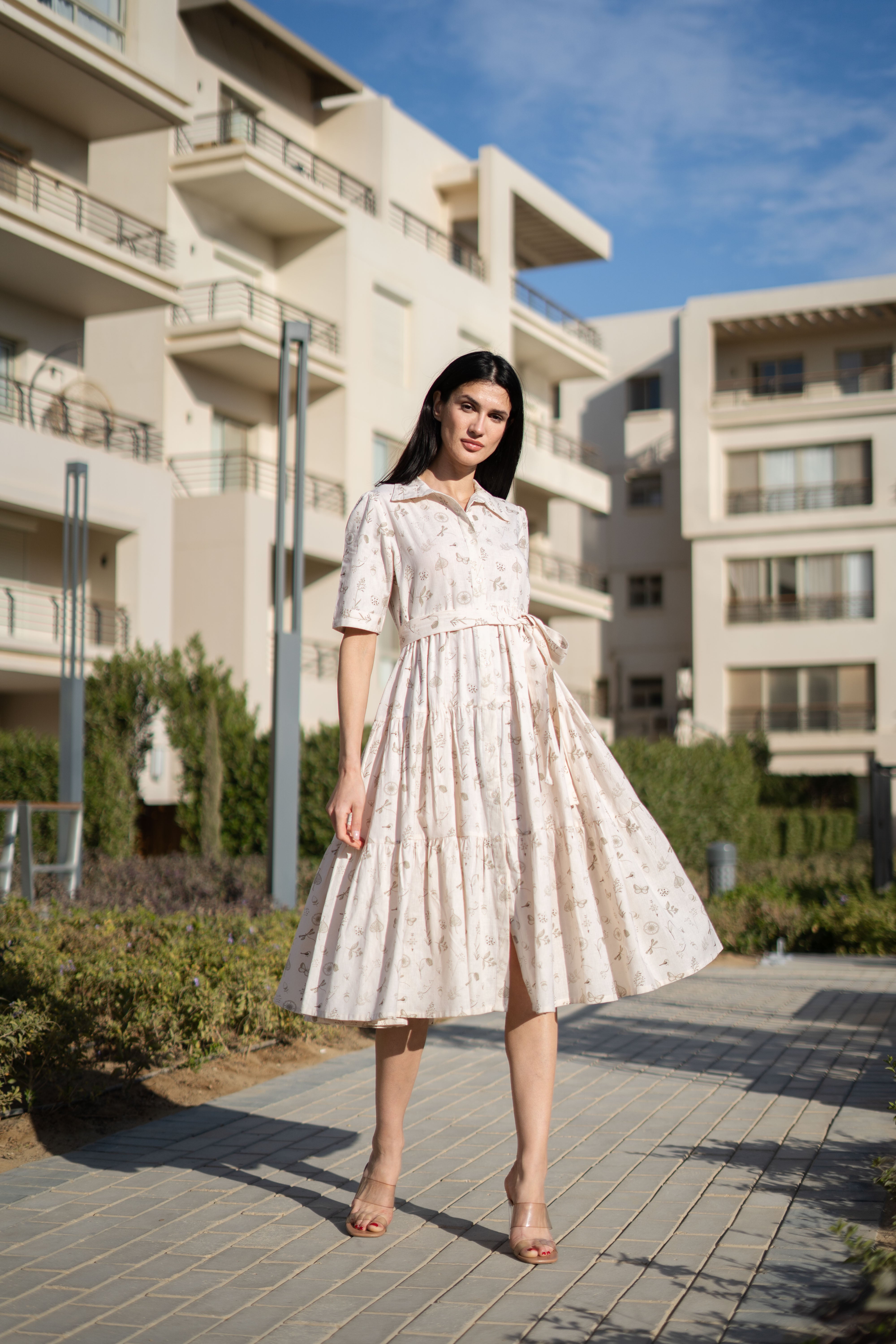 Beige Printed Cotton Dress For Women