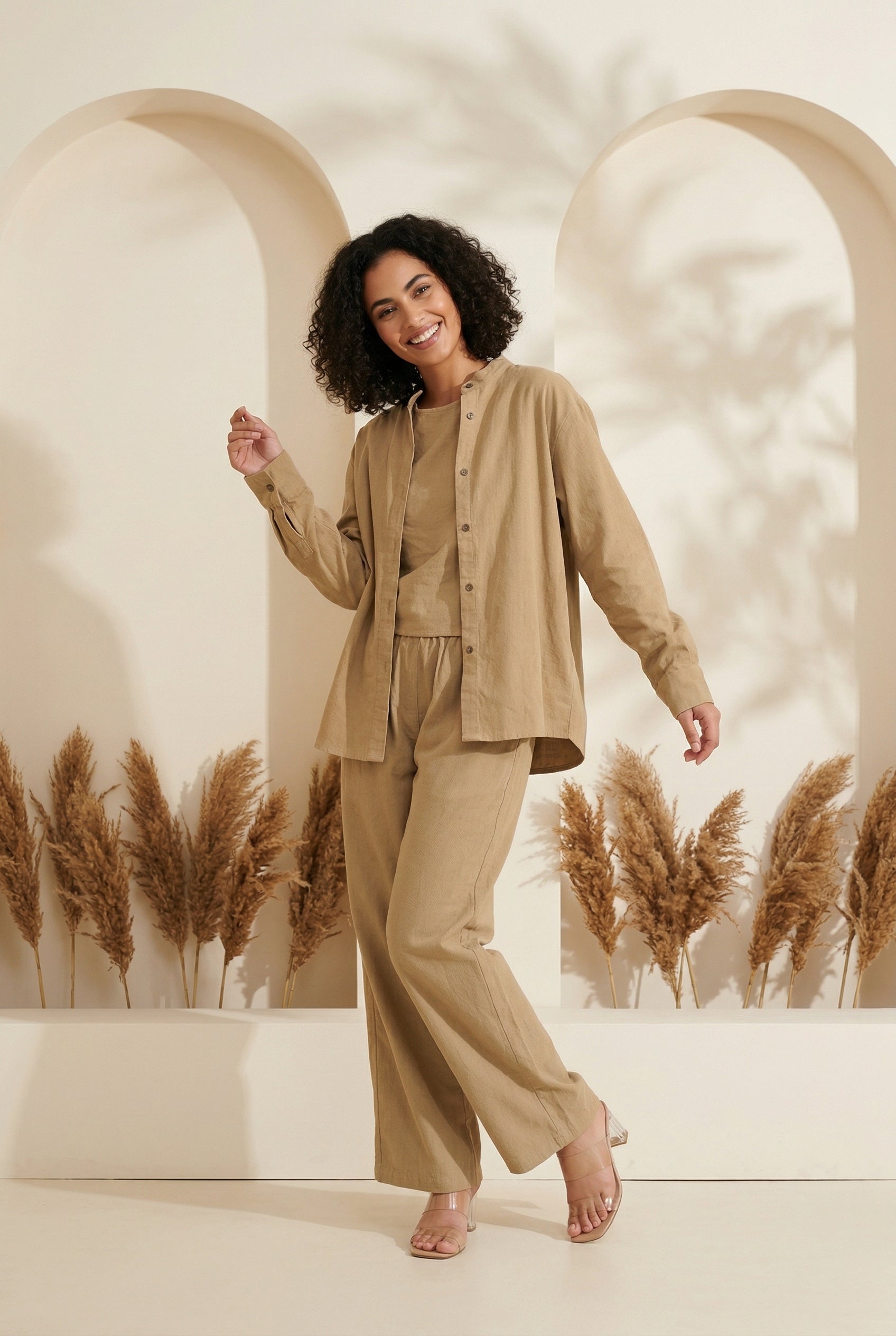 Beige Solid Mandarin Collar Cotton Blend Night Suit For Women