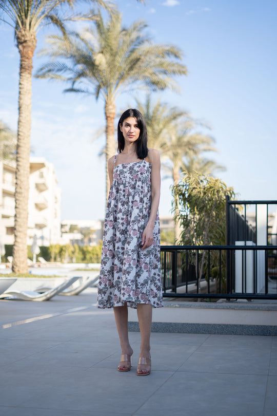 Off White Floral Printed Cotton Dress for Women