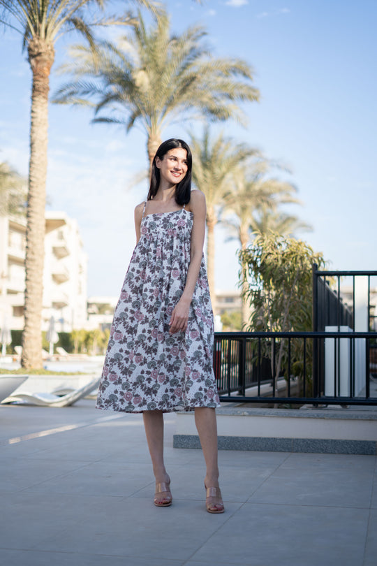 Off White Floral Printed Cotton Dress for Women