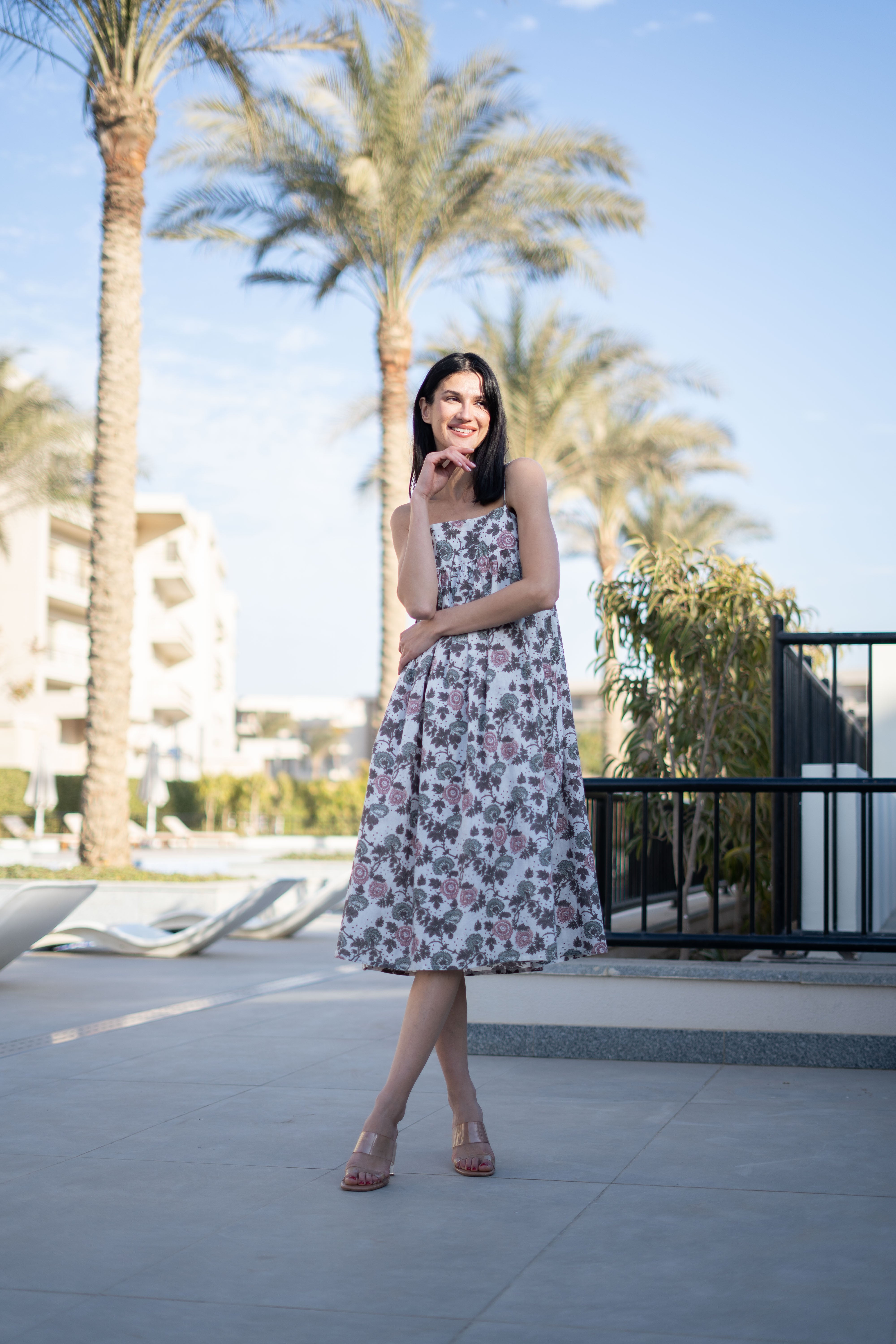 Off White Floral Printed Cotton Dress for Women