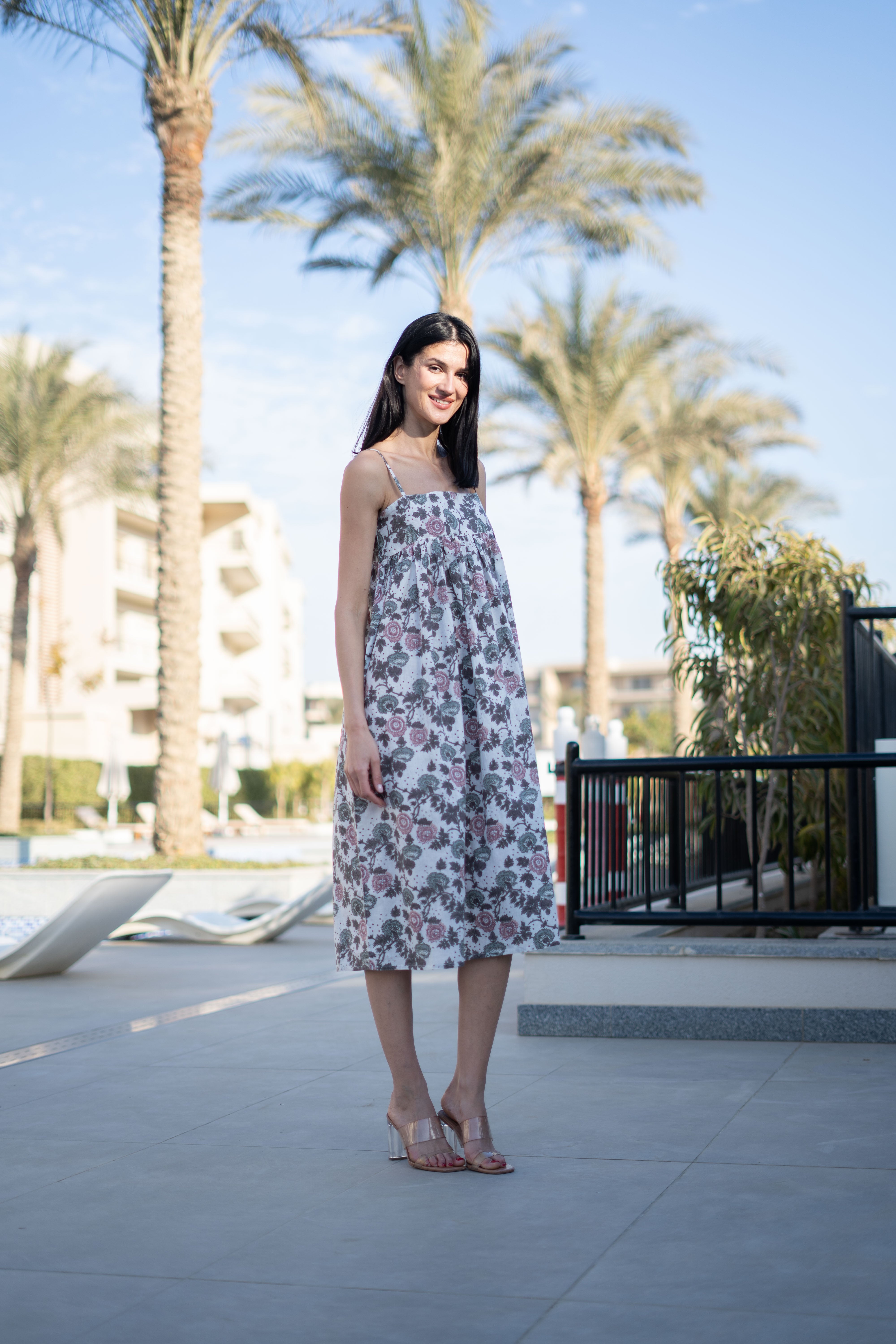 Off White Floral Printed Cotton Dress For Women