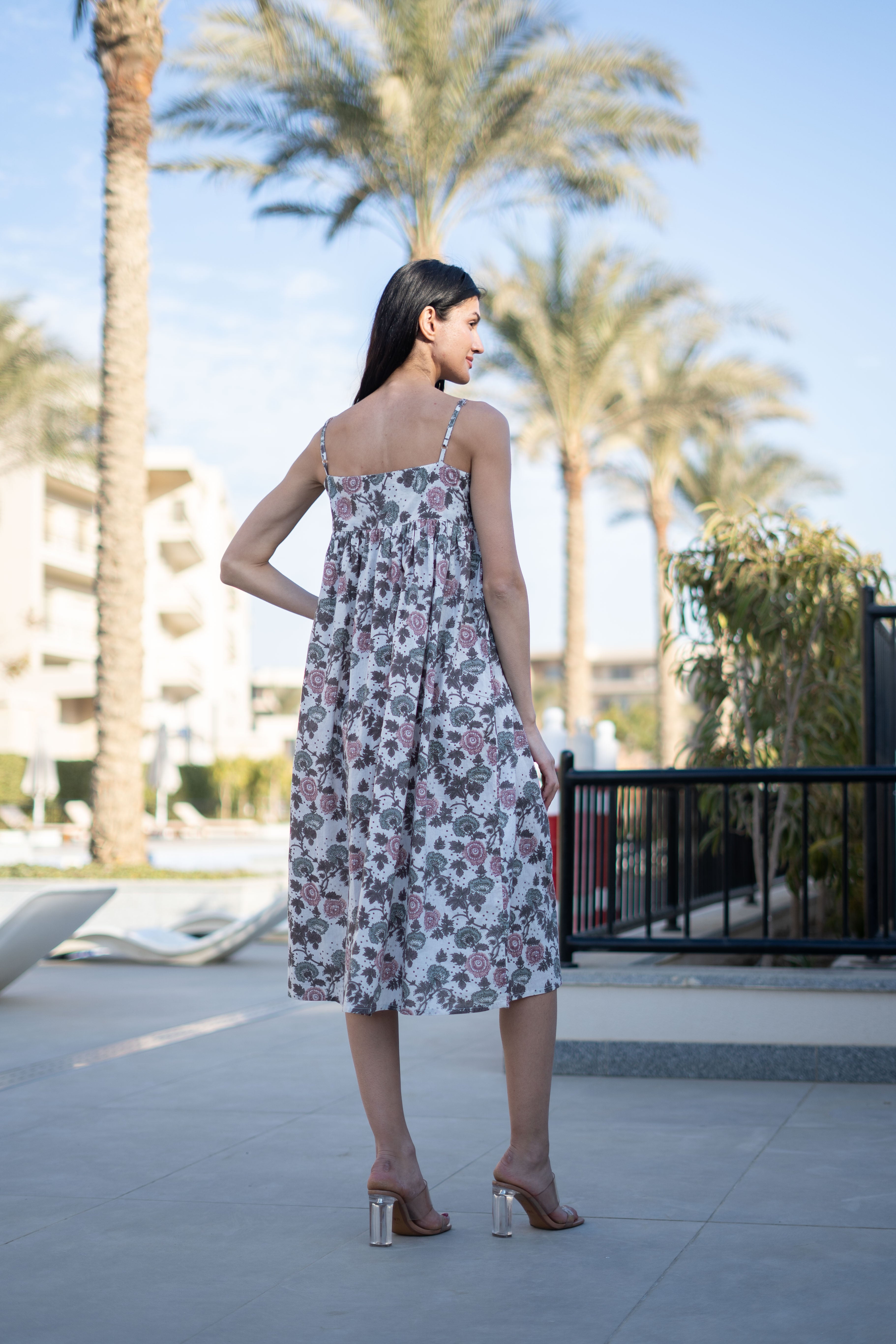 Off White Floral Printed Cotton Dress for Women