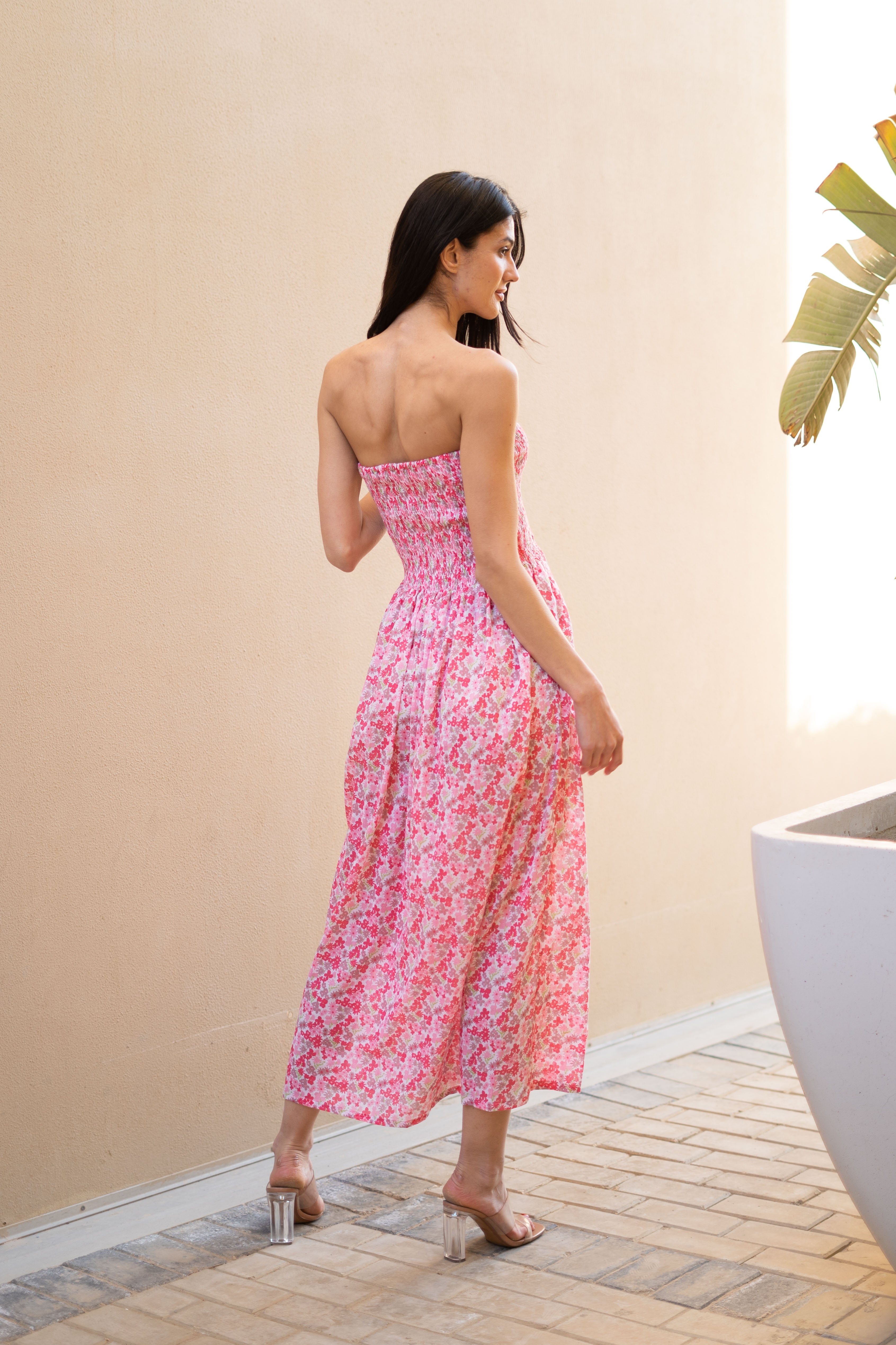 Women Off-Shoulder Pink Printed Dress - SanskrutiHomes 