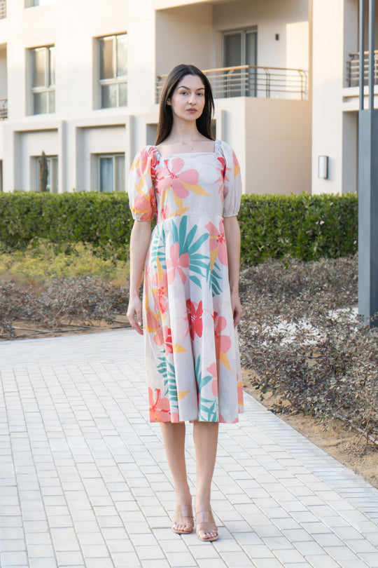 Off White Floral Printed Square Neck Dress