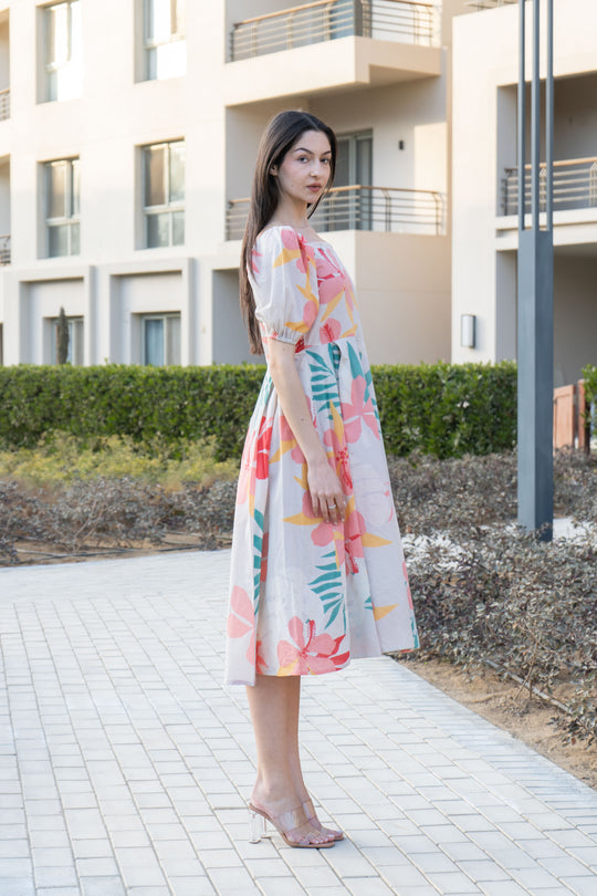 Off White Floral Printed Square Neck Dress