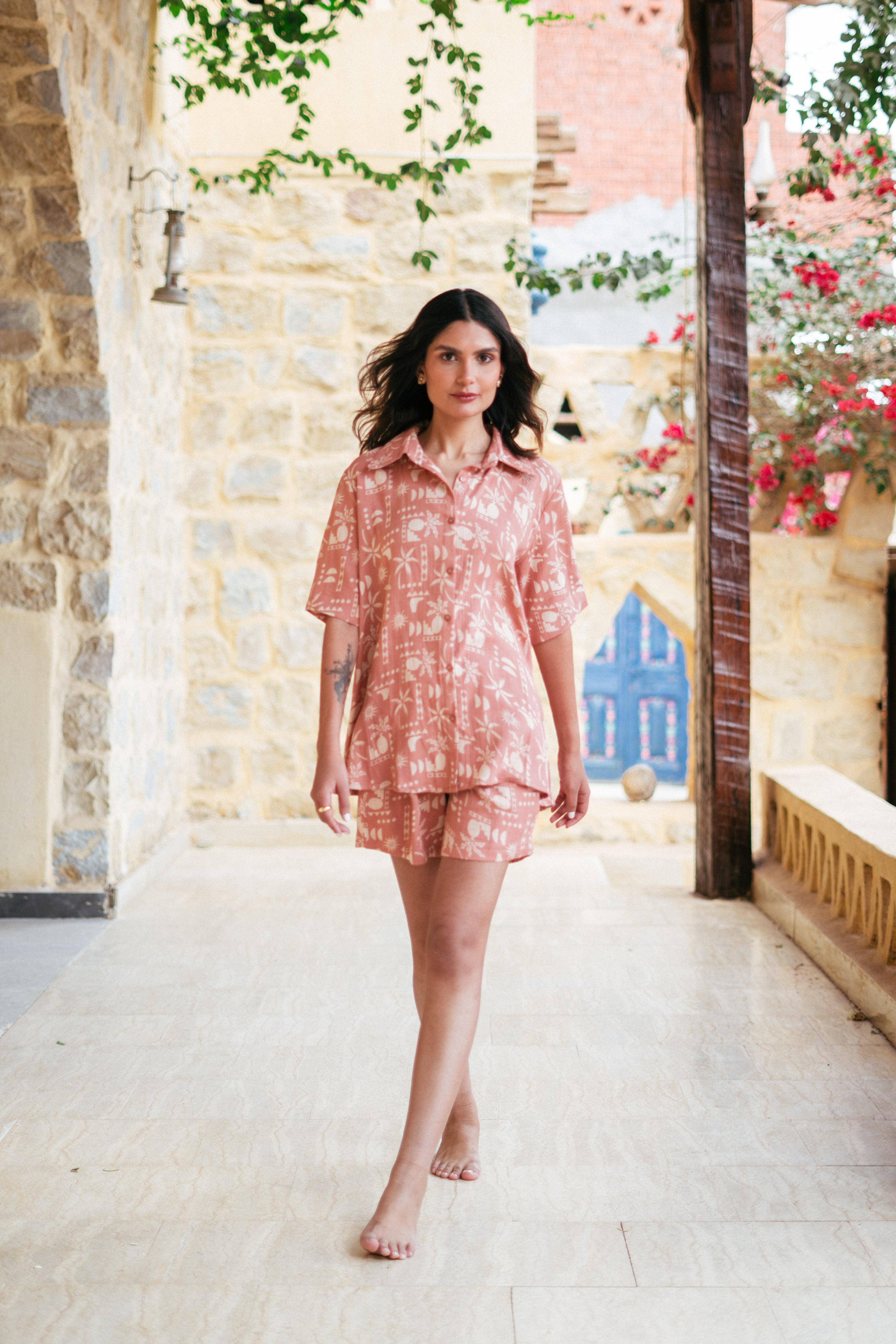 Brown Shirt Collar Abstract Printed Pure Cotton Night Suit